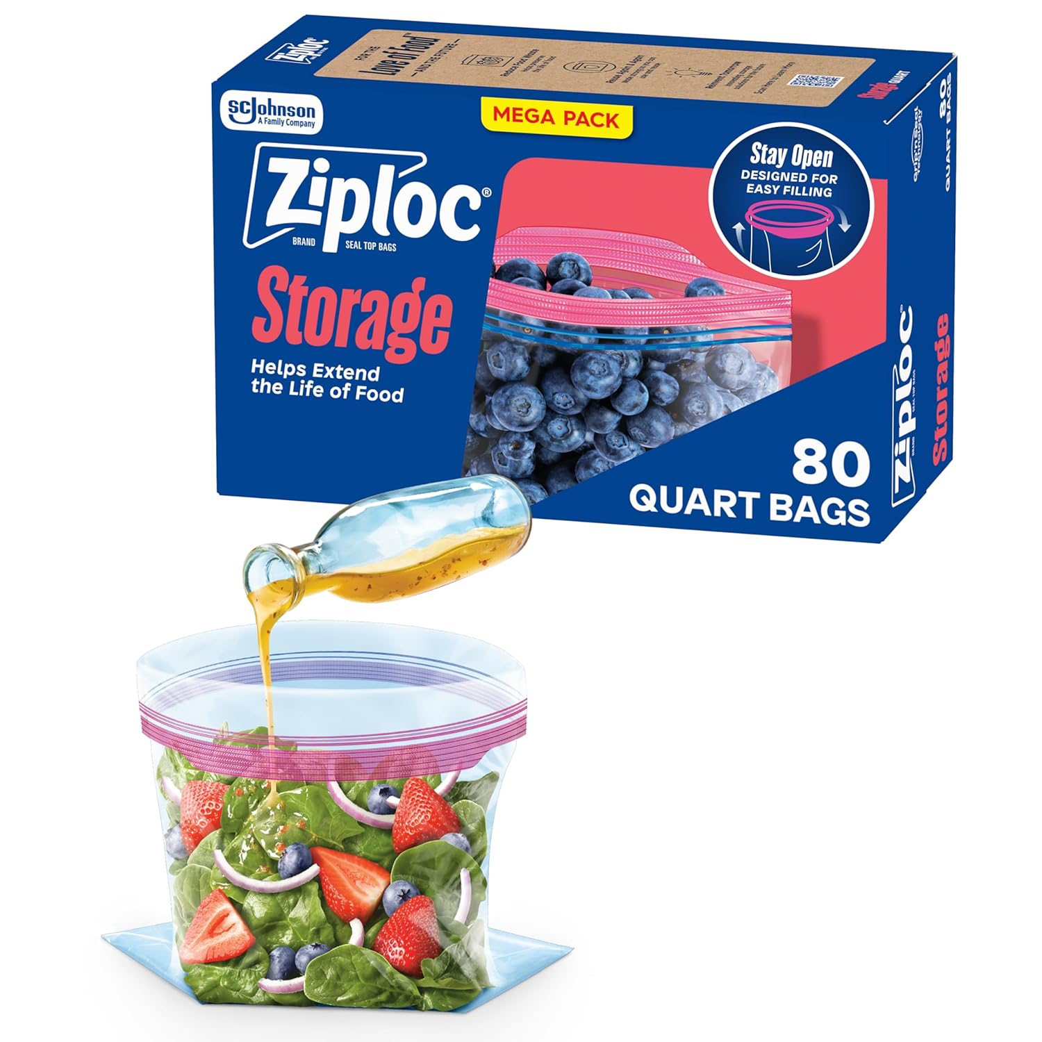 Ziploc Quart Food Storage Bags Stay Open Design with Stand-Up Bottom Easy to Fill 80 Count