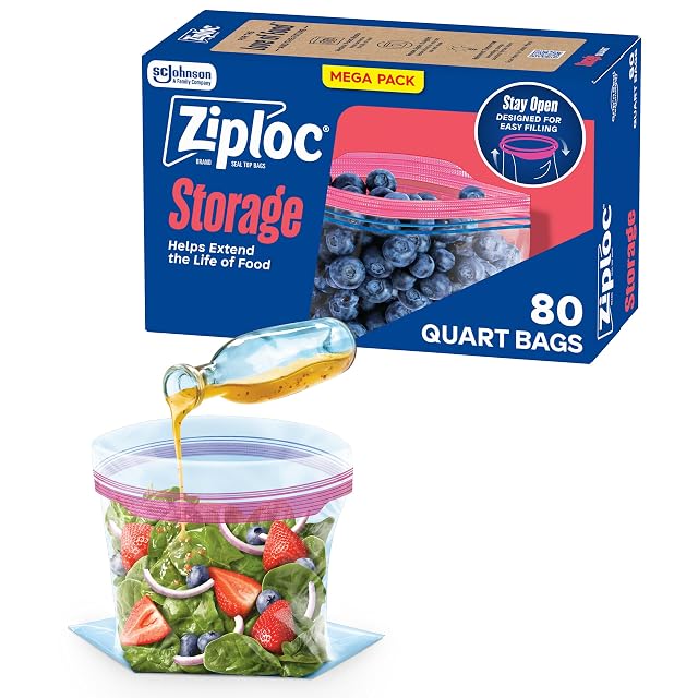 Ziploc Quart Food Storage Bags Stay Open Design with Stand-Up Bottom Easy to Fill 80 Count