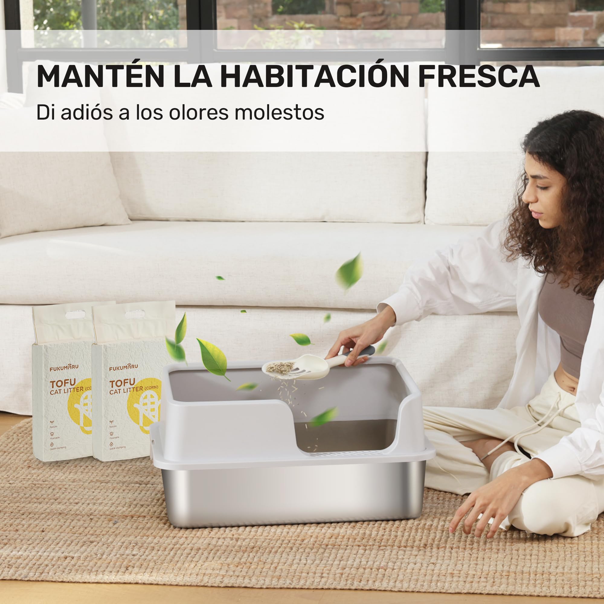 FUKUMARU Arenero para Gatos de Acero Inoxidable XXL, Paredes Altas, Gran Capacidad de 30L, con Dos Bolsas de Arena para Gatos de Tofu, No Adhesivo, Fácil de Limpiar, Incluye Pala, 60x40x30cm