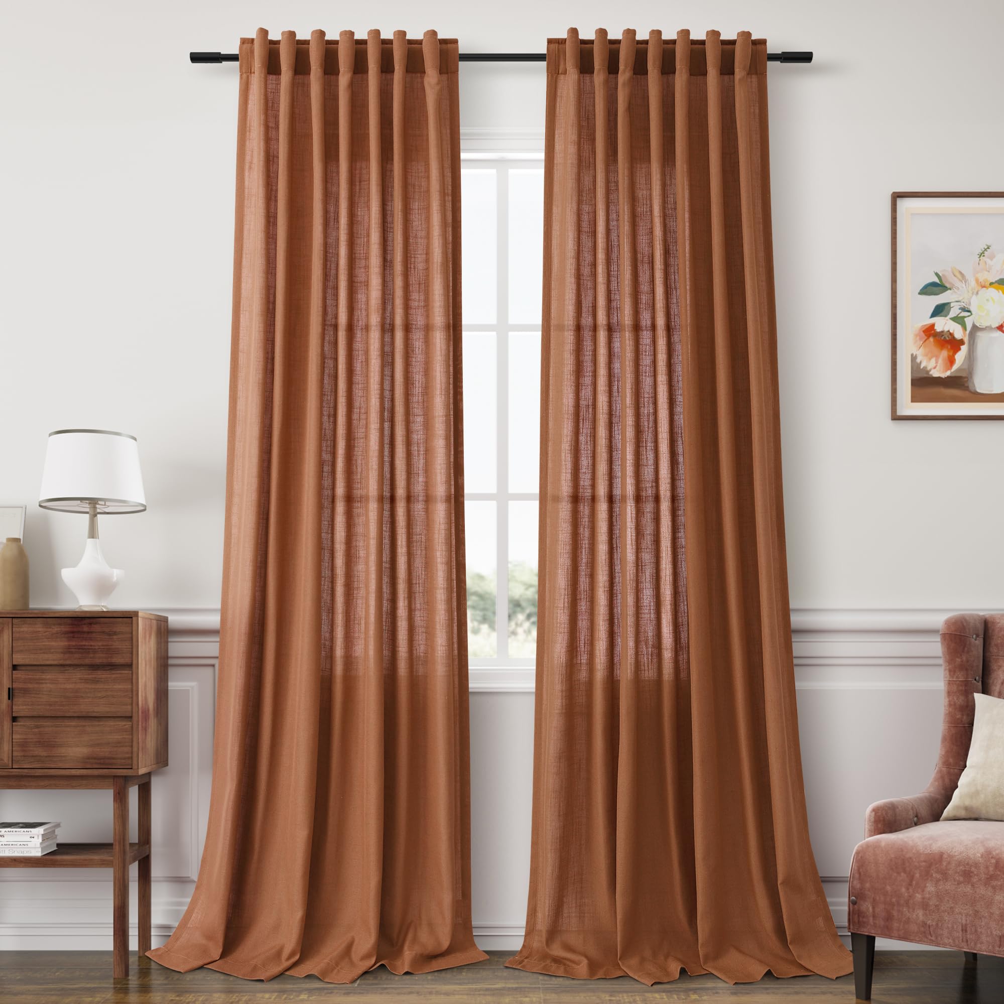 Joywell Terracotta Back Tab Linen Curtains 108 Inches Long 2 Panels for Living Room Bedroom Neutral Boho Farmhouse Rustic Light Filtering Semi Sheer
