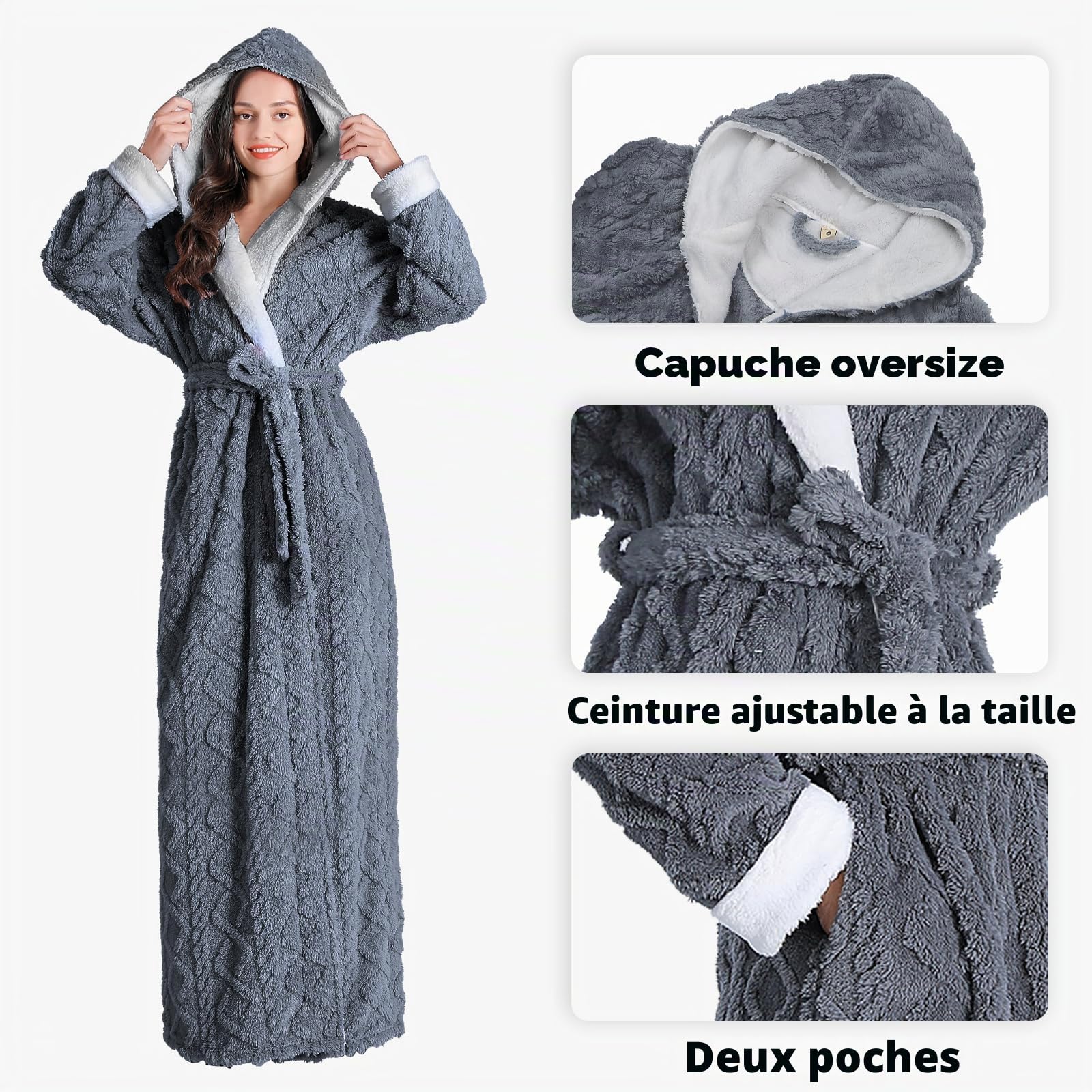 Oksun Peignoir long en polaire pour femme Peignoir à capuche en jacquard doux et moelleux