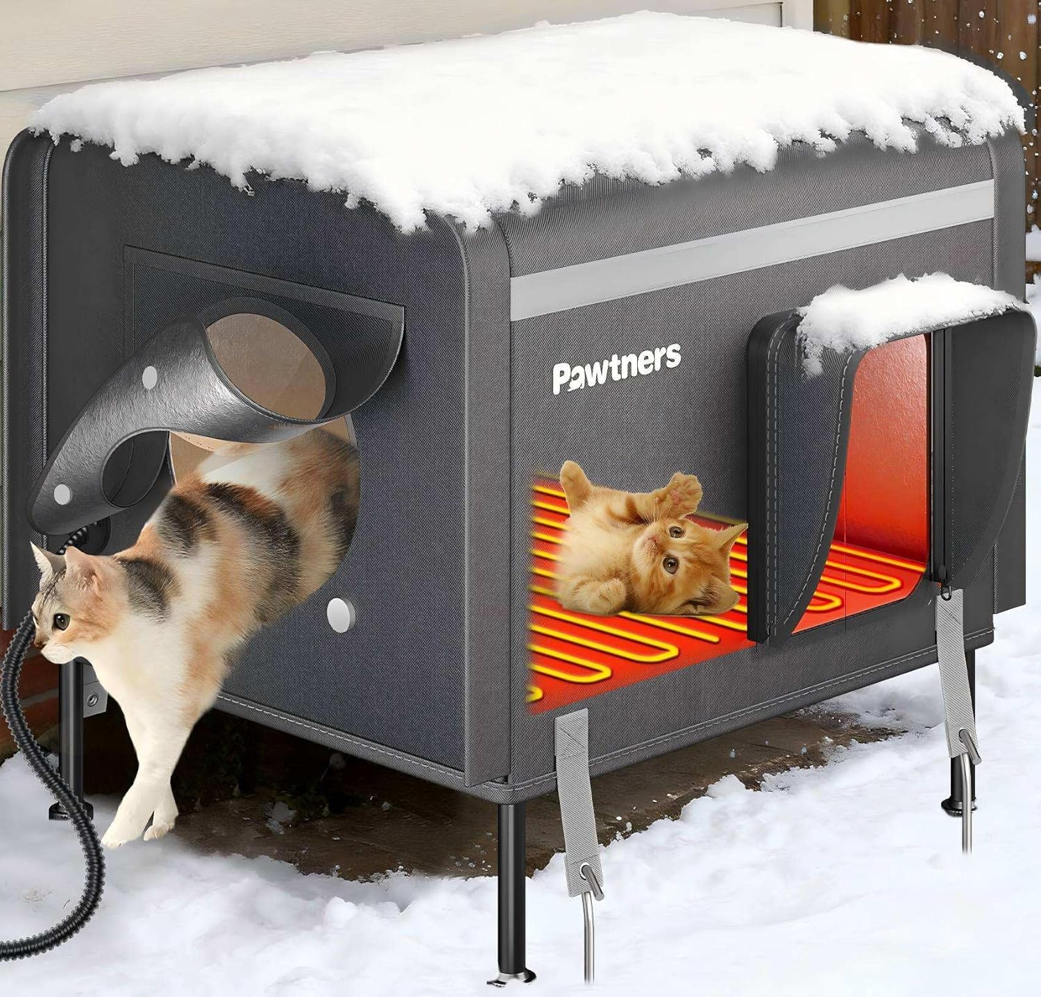 Pawtners Heated Outdoor Cat House for Outside Cats, 19'' Large Insulated Weatherproof Cat Shelter with Heated Pad, Elevated Feet & Escape Door, Warm Kitty House for Feral or Stray Cats in Winter M-19" Grey