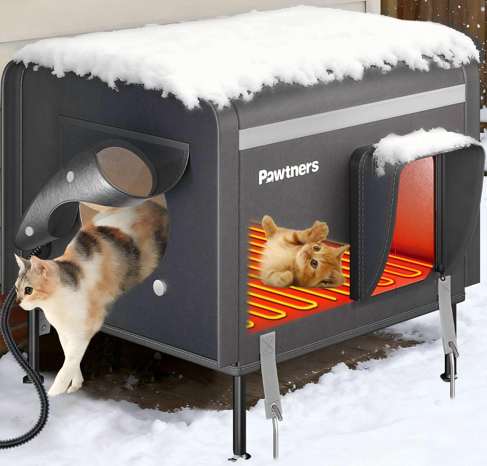 Pawtners Heated Outdoor Cat House for Outside Cats, 19'' Large Insulated Weatherproof Cat Shelter with Heated Pad, Elevated Feet & Escape Door, Warm