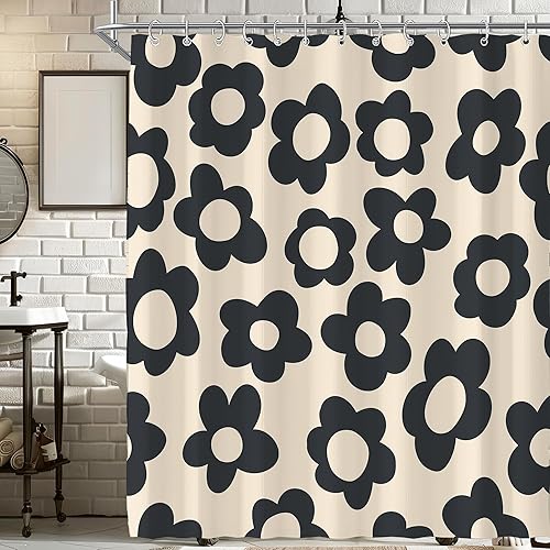 Visioun Cortina de ducha negra con diseño floral abstracto retro para baño, 72 pulgadas de ancho x 72 pulgadas de alto, estilo vintage y estético, Visioun Cortina de ducha negra con diseño floral abstracto retro para baño, 72 pulgadas de ancho x 72 pulgadas de alto, estilo vintage y estético,