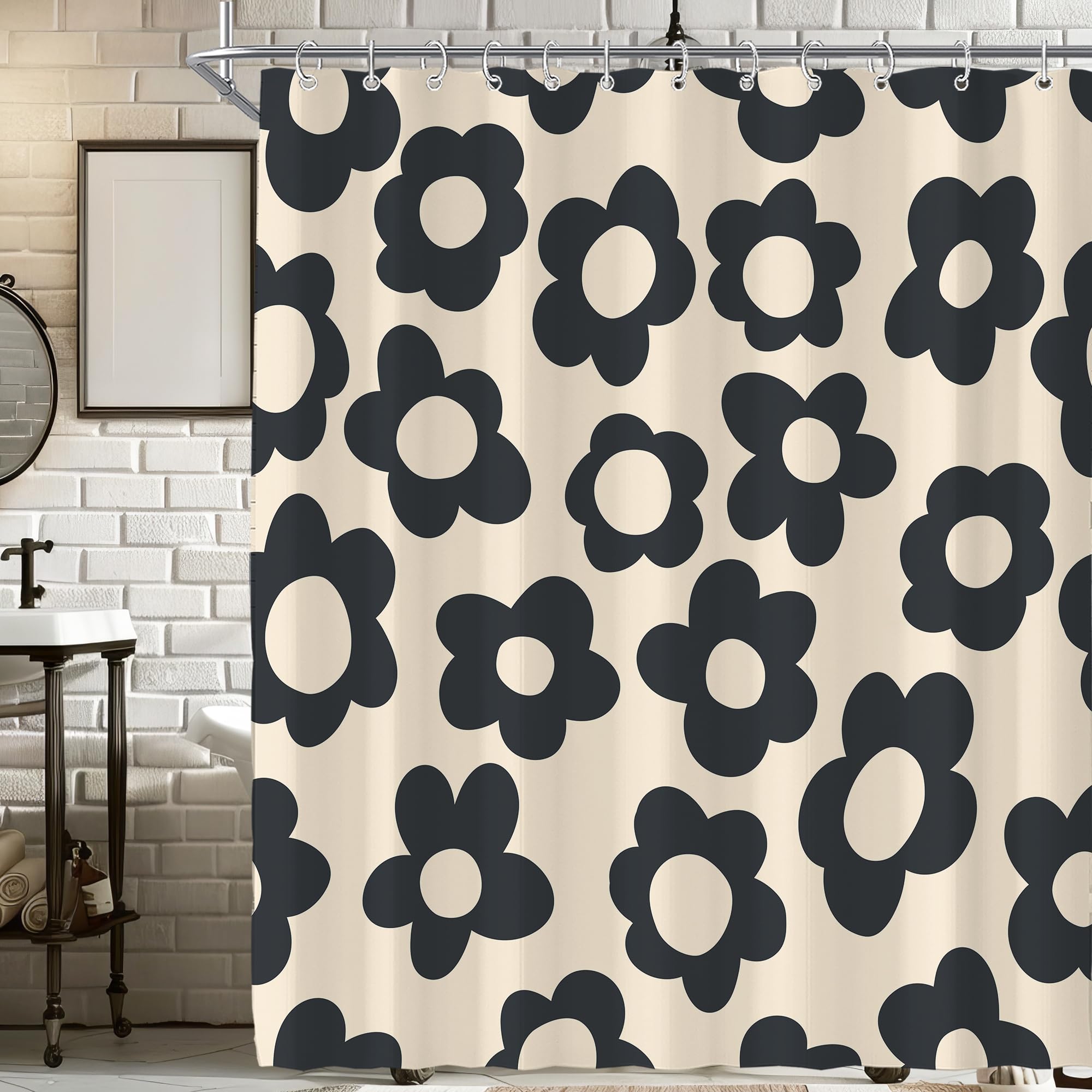 Visioun Black Cute Retro Floral Abstract Flower Shower Curtain for Bathroom 72W*72H Inch 70s Lovely Vintage Aesthetic Funky Bathtub Decor Modern