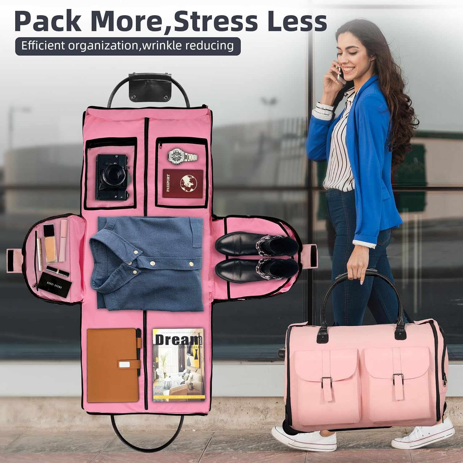 Garment Bags for Travel, 2-in-1 Convertible Rolling Duffle Bag with Wheels, Modern Carry-on Travel Bag for Suits, Foldable Suit Bag, Telescopic Handle, Hanging Hook - Image 5