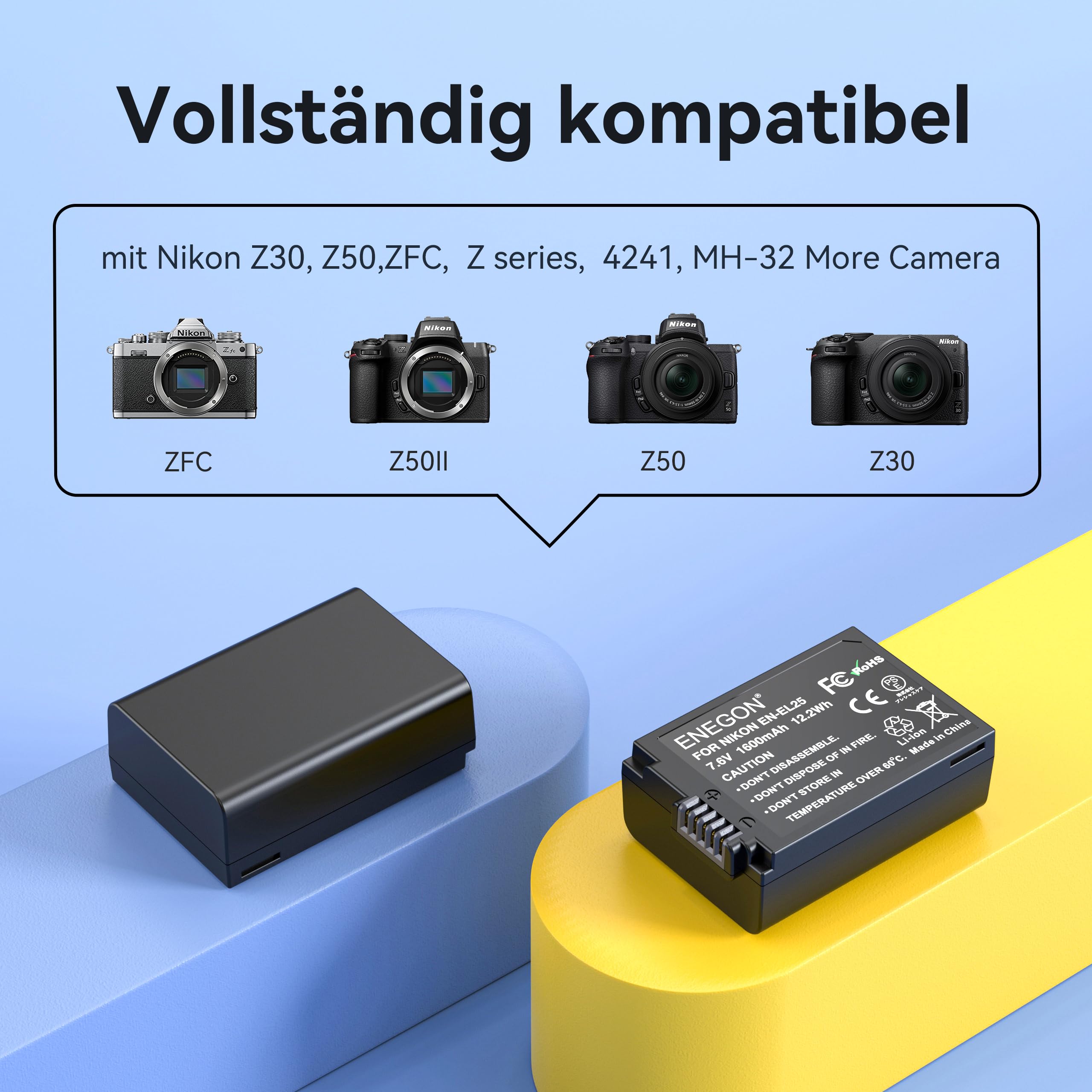 ENEGON 2 Packs EN-EL25 EN-EL25A 1600mAh Akku, Smart LED Dual Charger Kit für Nikon Z Serie, Z50, Z30, Z 50, Z 30, Z FC, Nikon EN-EL25, EN-EL25A, 4241 und Nikon MH-32 Digitalkamera