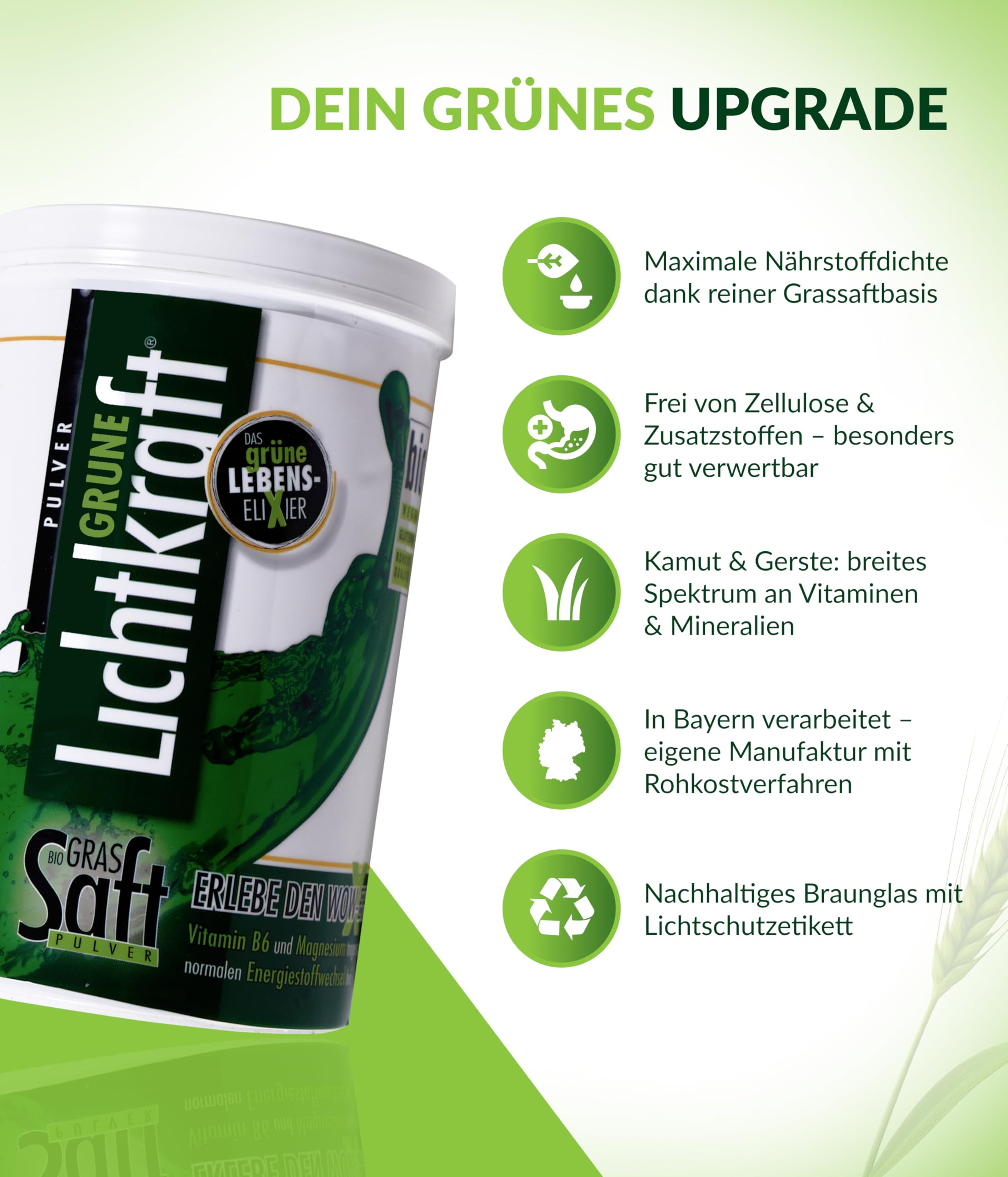 Grüne Lichtkraft® GerstengrasSAFTpulver Bio aus Kamut® & Gerstengras 450g – Hochkonzentriert, vegan, glutenfrei – Reines Saftpulver in Rohkostqualität – Kein gemahlenes Gras – Für Entgiftung