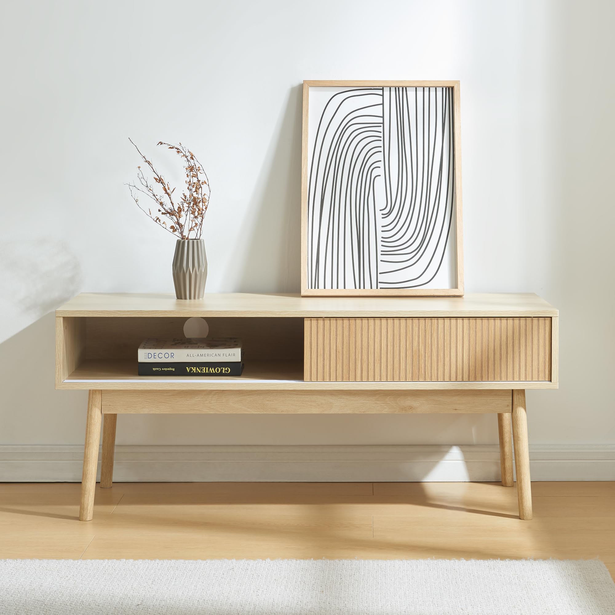 [en.casa] Stół pod telewizor Landskrona, stół do salonu, szafka pod telewizor, szafka RTV, stół TV, szafka pod TV, 115 x 40 x 48 cm z 2 drzwiami przesuwnymi w estetycznym wyglądzie dębu