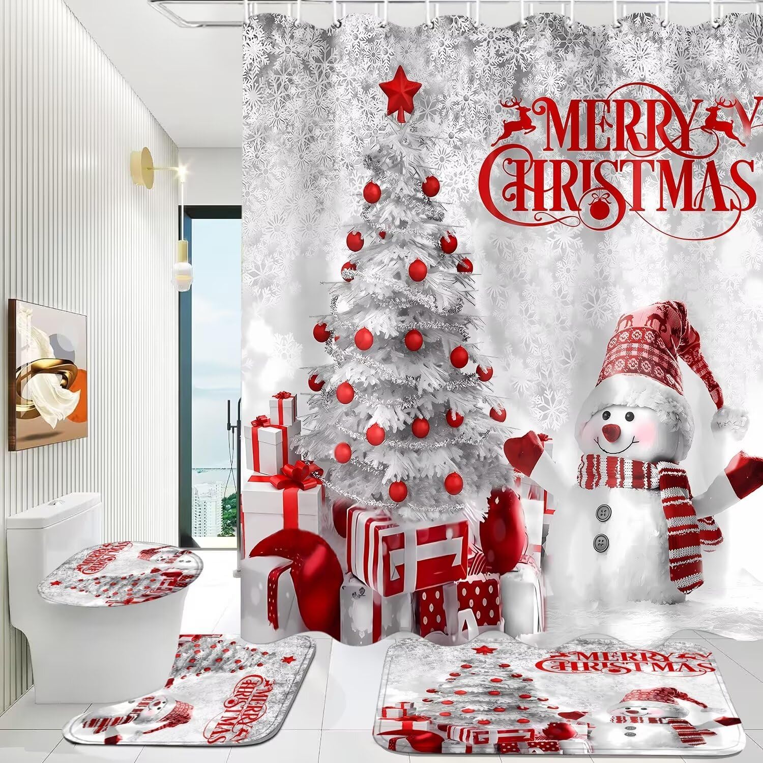Amazon.com: JYOPA 4Pcs Merry Christmas Shower Curtain Set with Rugs ...