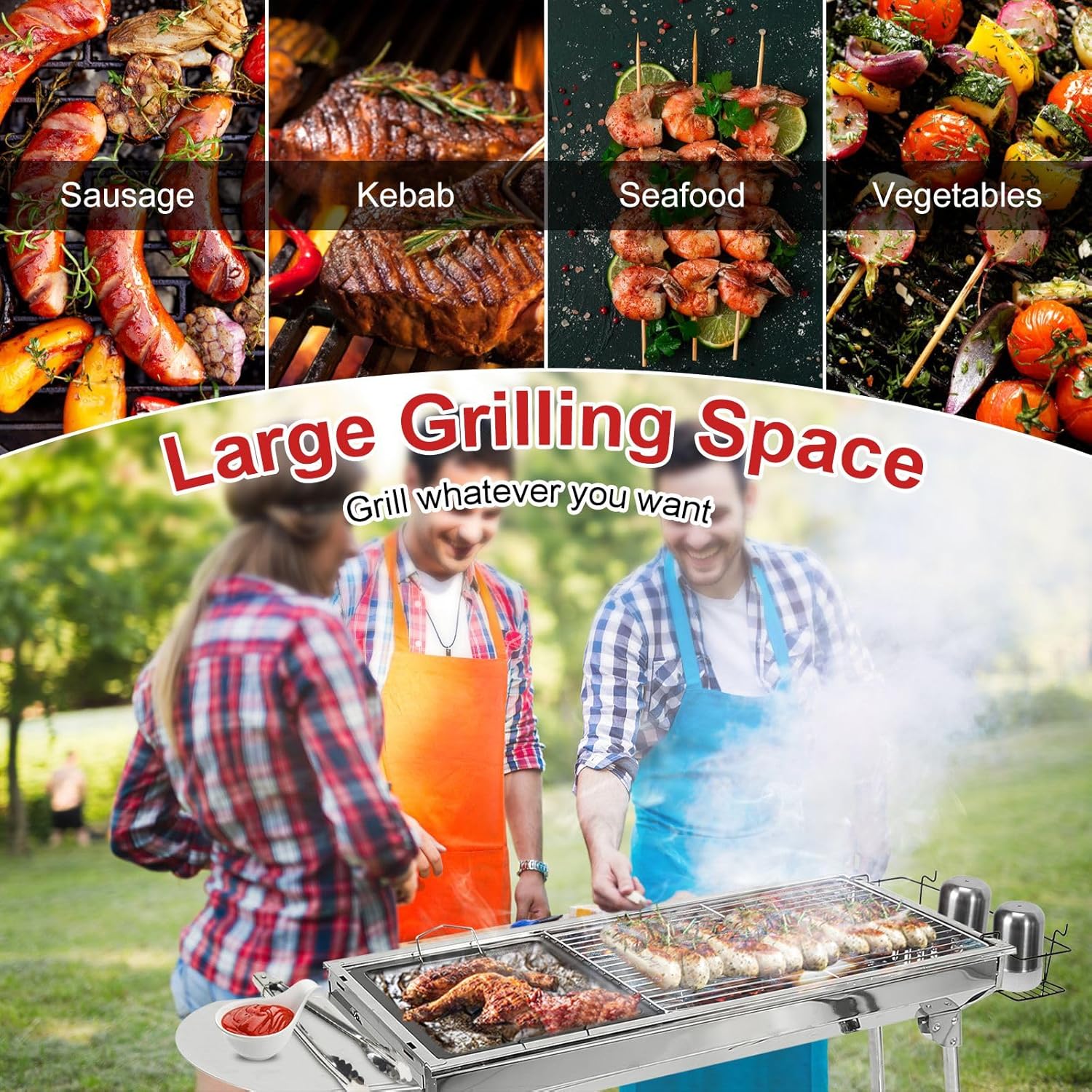 Portable Charcoal Grill, Foldable Camping Barbecue Grill with Storage Shelf, Stainless Steel Outdoor BBQ Grill Table for Garden Backyard Party Picnic Travel