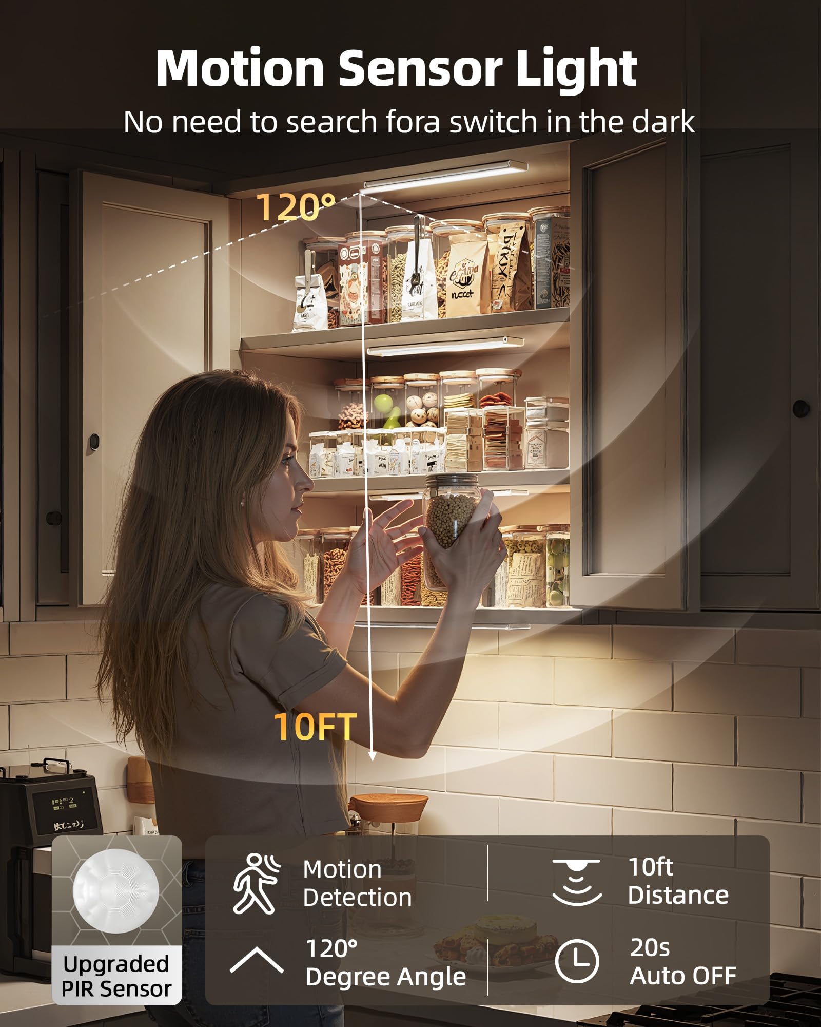 Iluminación para debajo del gabinete inalámbrica, batería recargable con sensor de movimiento, luces LED para armario, carga USB, 3 colores regulables, luces para debajo del gabinete para cocina,