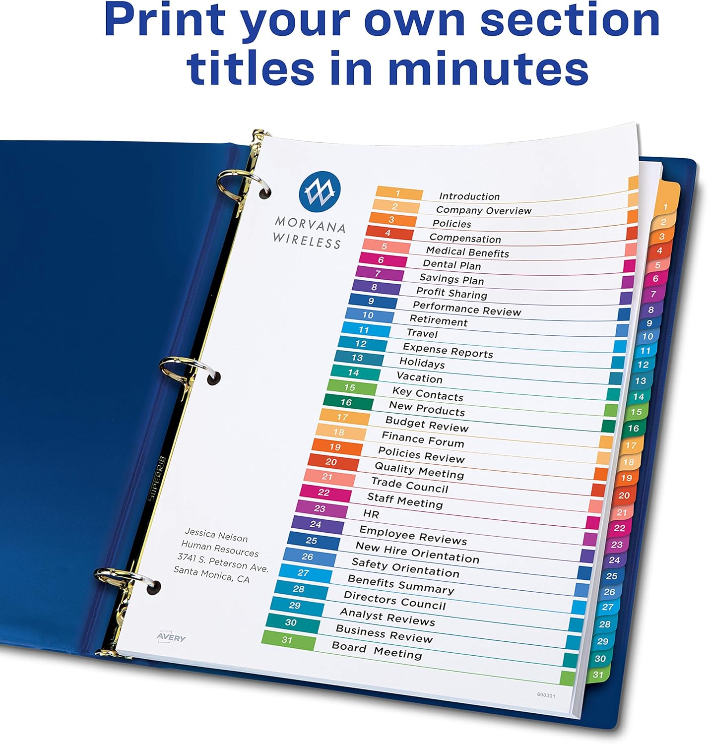 Avery 31-Tab Dividers for 3 Ring Binders, Customizable Table of Contents, Multicolor Tabs, 12 Sets (11129) : Office Products