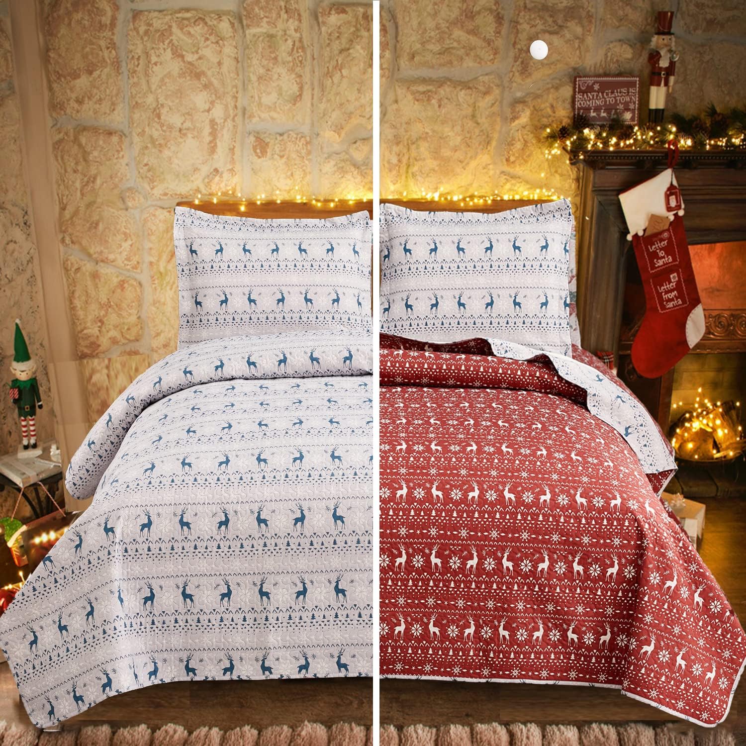 Christmas Bedding Set King Christmas Quilt Bedspread Holiday Xmas Quilt Rustic Bedding Christmas Cabin Lodge Quilt Elk Moose Christmas Home Quilt Collection Lightweight Quilt Reversible Bedspread