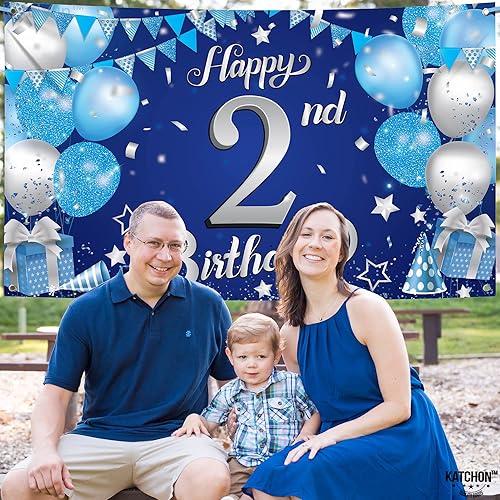 Miniatura 6 de KatchOn, Cartel azul de feliz segundo cumpleaños  Xtralarge, 72 x 44 pulgadas  Cartel de segundo cumpleaños  Telón de fondo azul y plateado para