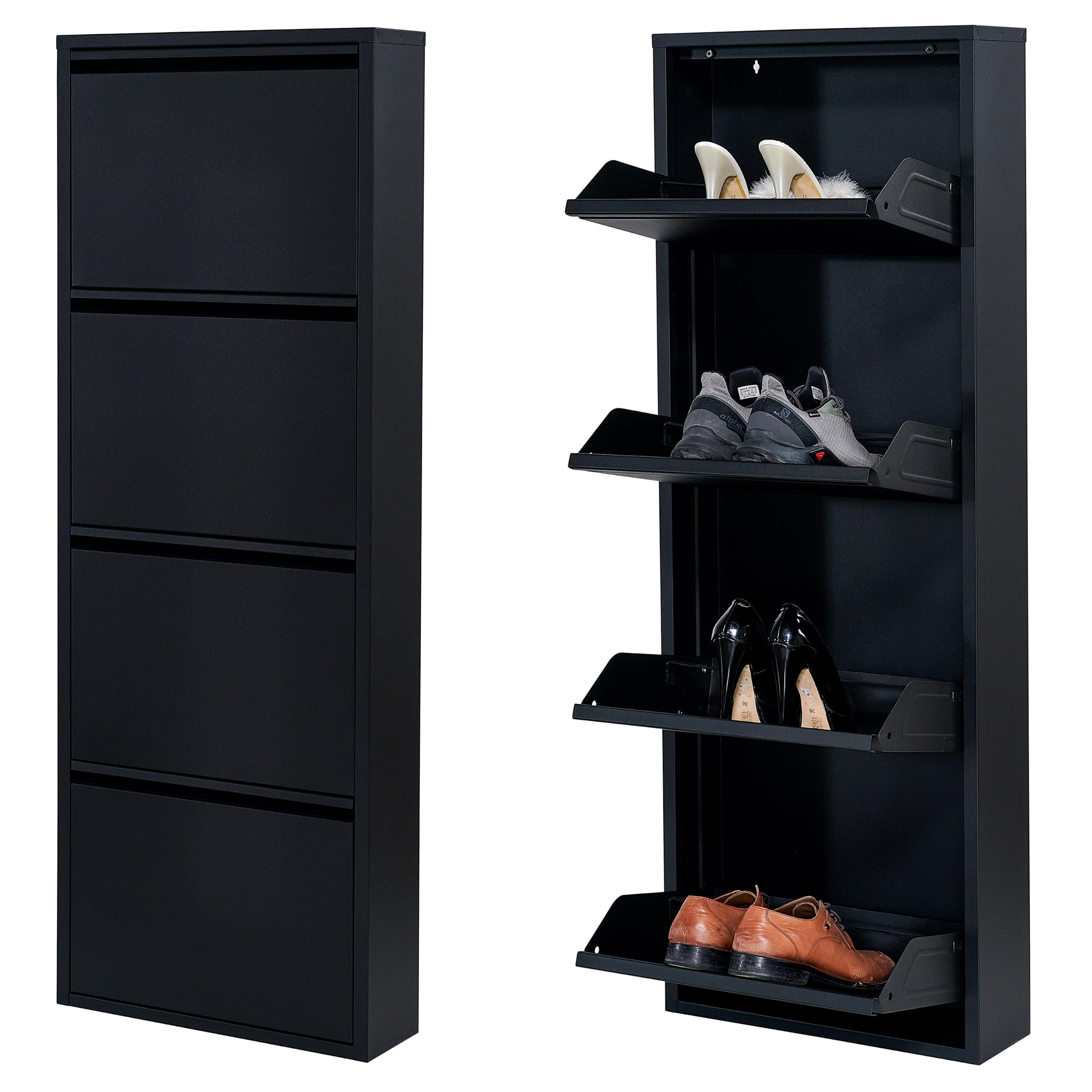 Atahome Slim Shoe Cabinet Narrow Shoe Storage Cabinet for hallway wall mounted thin flip down Tall Metal Shoe Rack Storage Organiser Shoe cupboard Indoor Troy 4-Drawer (Black)