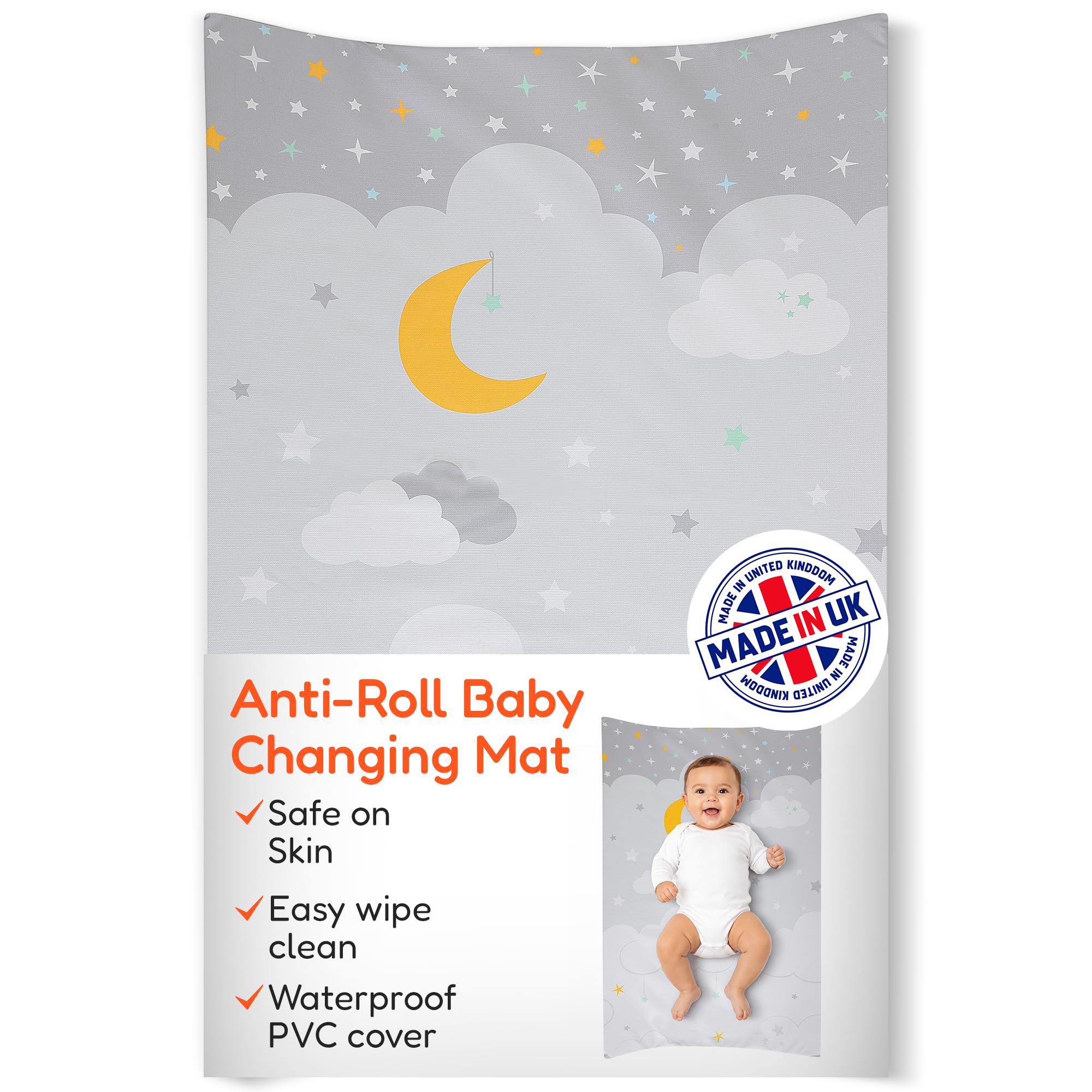 Babycurls Deluxe Anti-Roll PVC Wedge Nappy Baby Changing Mat with Curved Sides and Raised Edges for Babies from Birth Upwards Wipe Clean and Waterproof 69 x 45 x 8cm (Moon & Stars) — image 1