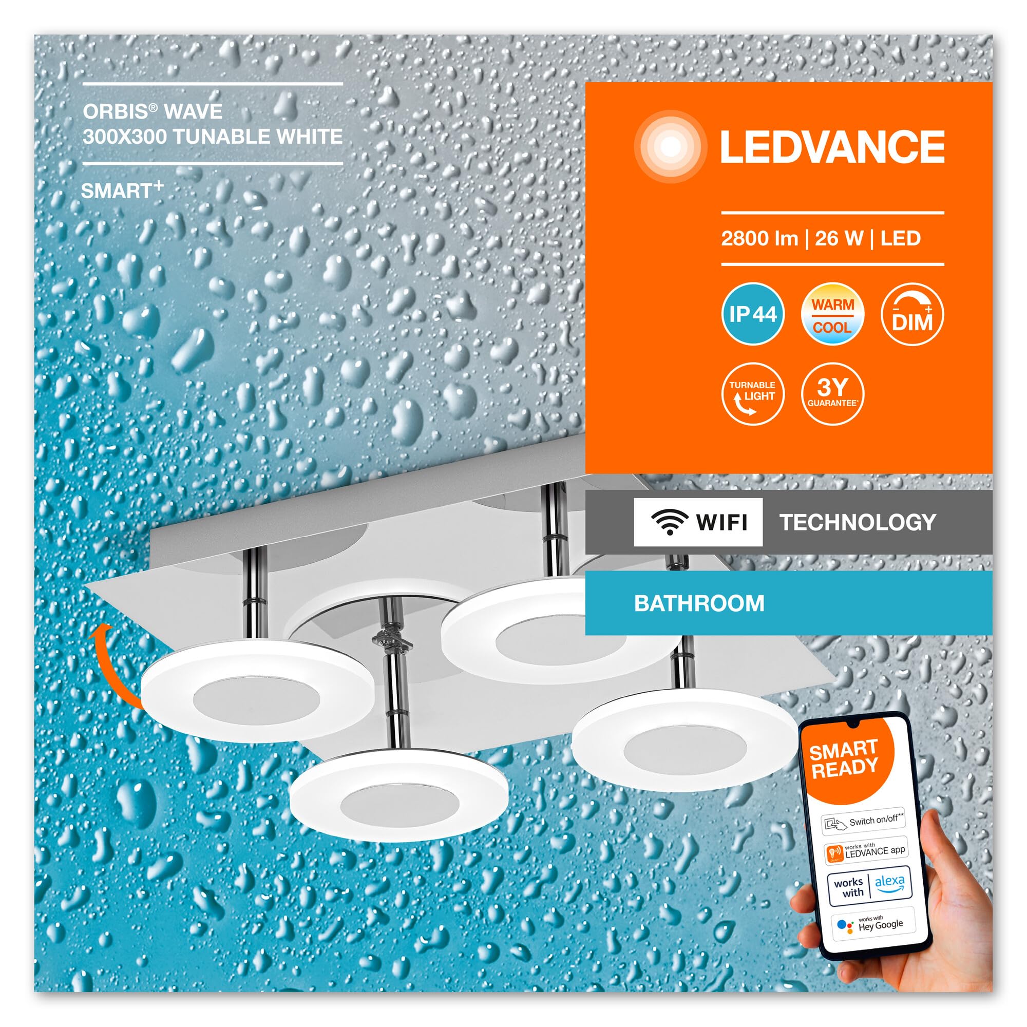 LEDVANCE Smart LED Badezimmerlampe chrome, 26W, 2800LM, 3000-6500K, 30cm, IP44, Orbis Wave Wandleuchte, Badezimmerleuchte mit Wifi Technologie, dimmbar, steuerbar über App und Sprachassistenten