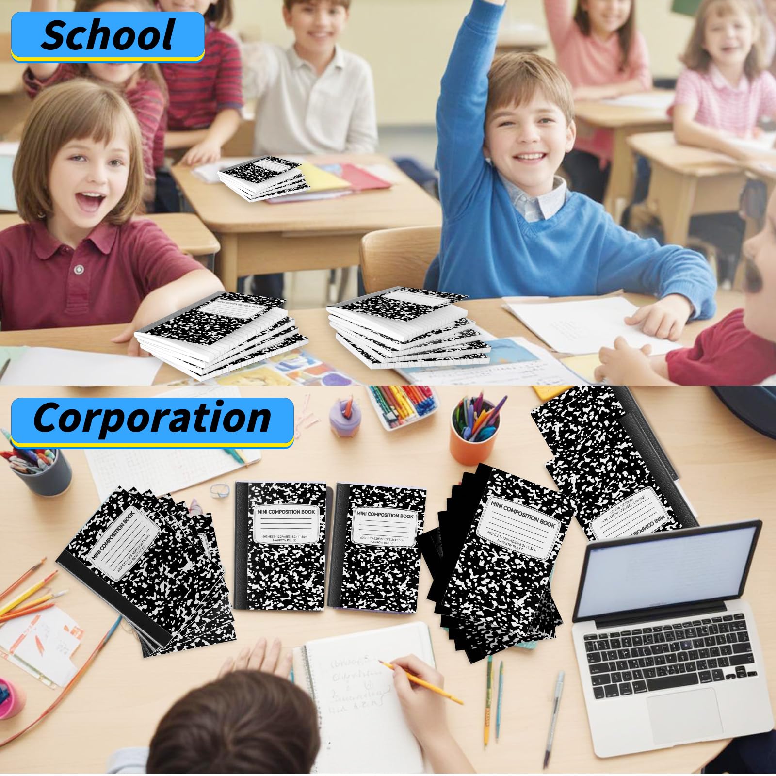 UZLU Confezione da 48 mini quaderni di composizione, graziosi libri di composizione, piccoli quaderni a righe strette per bambini, studenti, università, ufficio, diario tascabile in marmo, nero, 11,4