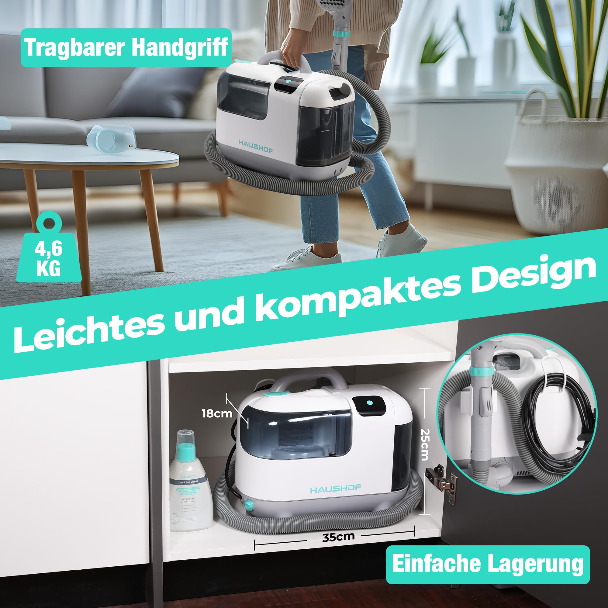 HAUSHOF Waschsauger mit Dampffunktion, StainZapper Vapo Teppichreiniger Polsterreiniger Gerät mit Warmwasserfunktion & Hochtemperatur-Dampffunktion, Mit Reinigungsmittel, Für Teppich, Sofa, Auto