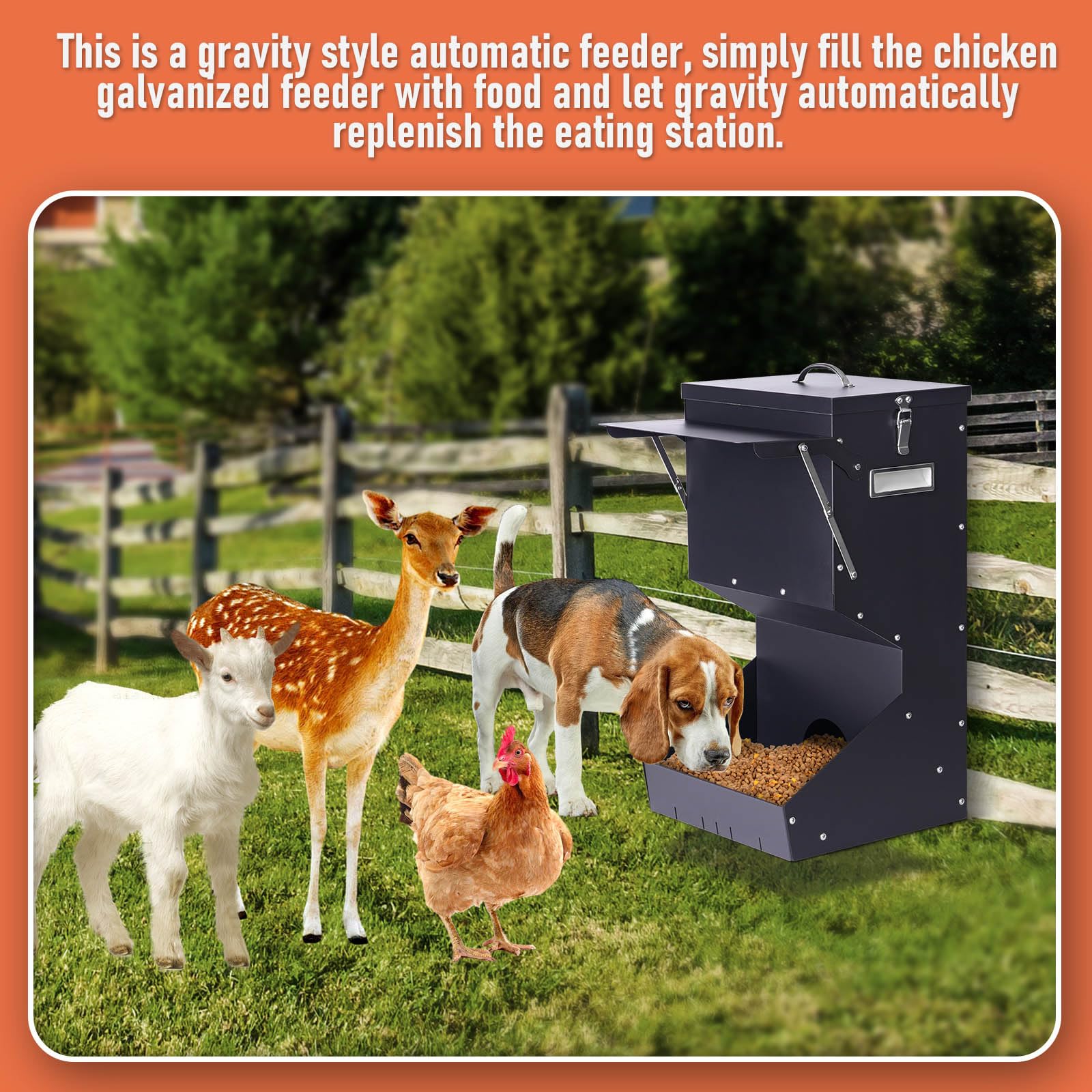 Comedero automático para perros de raza grande, 25 libras | Dispensador de comida para perros de metal galvanizado para perros, pollos y animales de granja