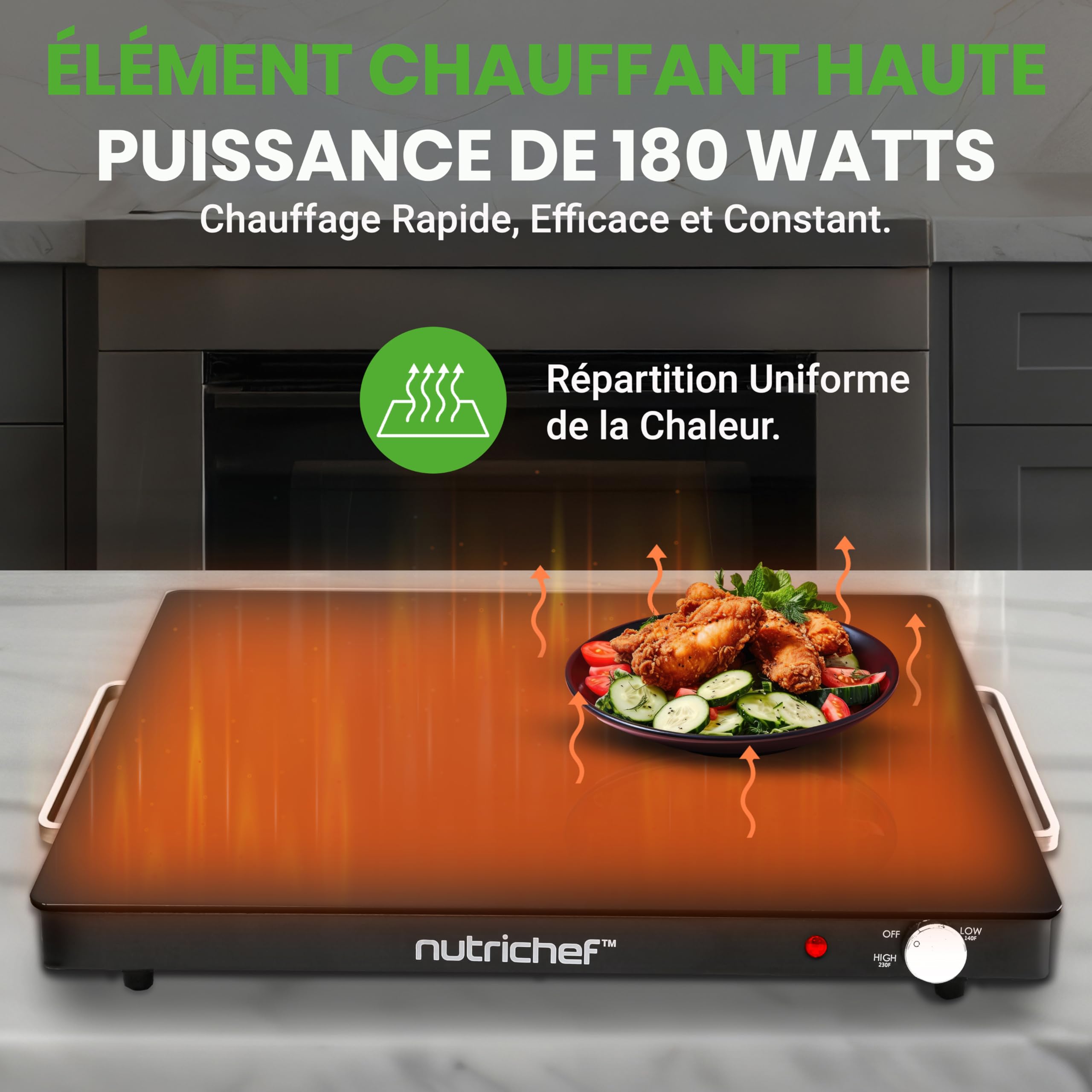 NutriChef Plaque Chauffante Électrique 54×42 cm – Température Réglable 60 à 110 °C, Surface Antiadhésive, Chauffe-Plats pour Buffet et Grillades