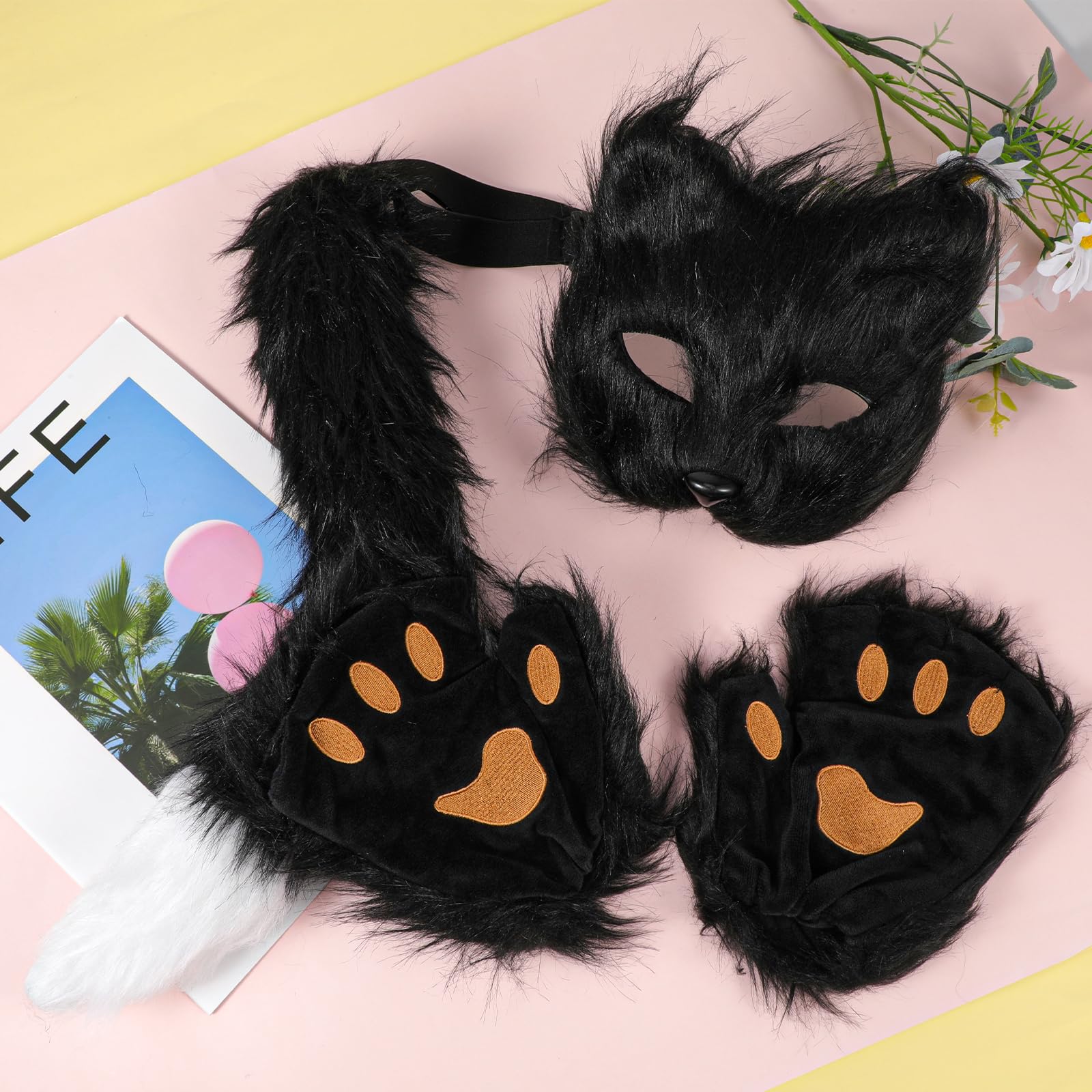 XEPST Ensemble de Costumes de Renard Animal, Costume de Renard en Fausse Fourrure avec Masque de Renard Queue de Renard pour Accessoire Déguisement Costume Anniversaire Halloween Carnaval, Noir