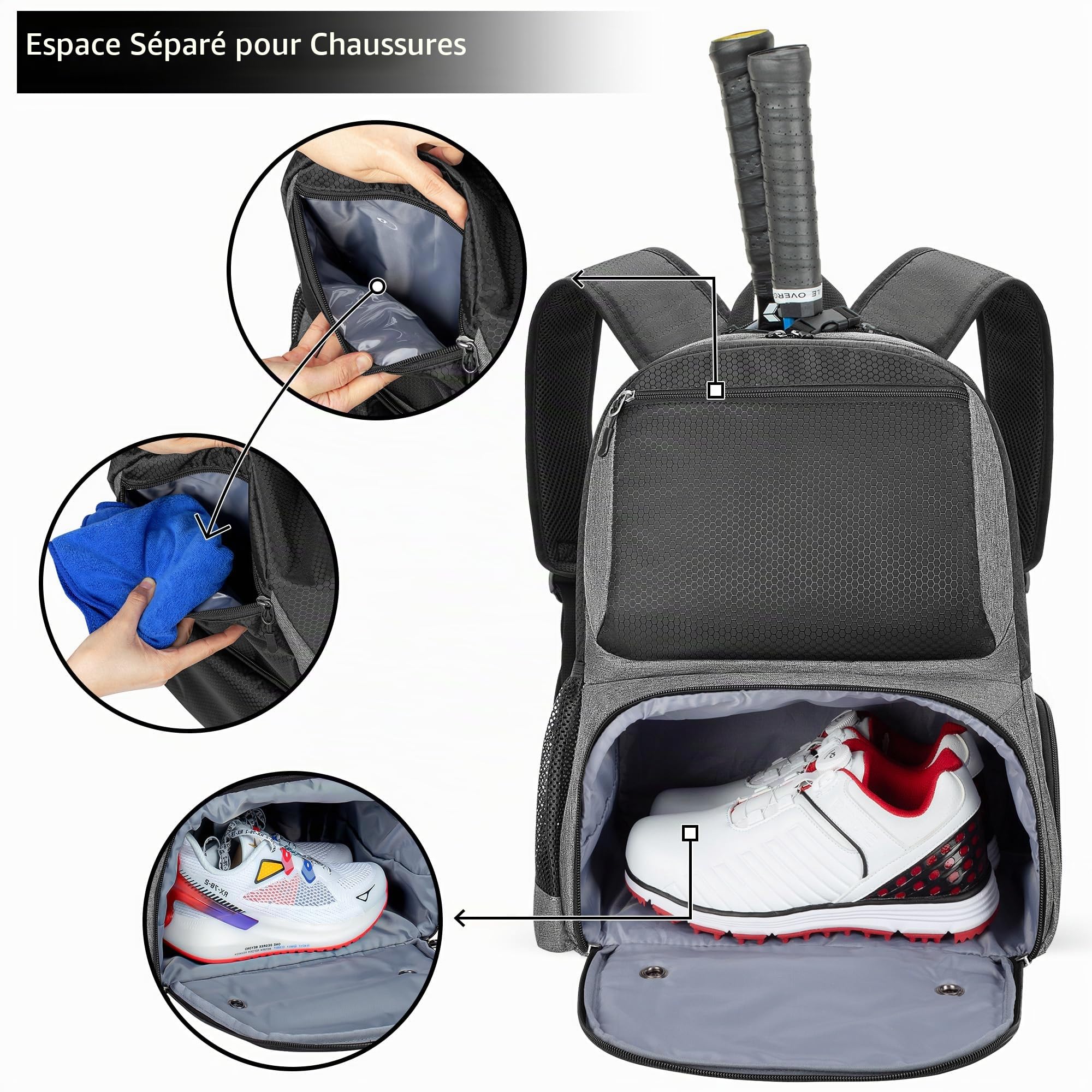 DSLEAF Sac de Tennis Peut Contenir 2 Raquettes, Sac à Dos avec Compartiment à Chaussures Ventilé Séparé pour Les Sports de Tennis/Pickleball/Badminton/Squash (Version Améliorée)