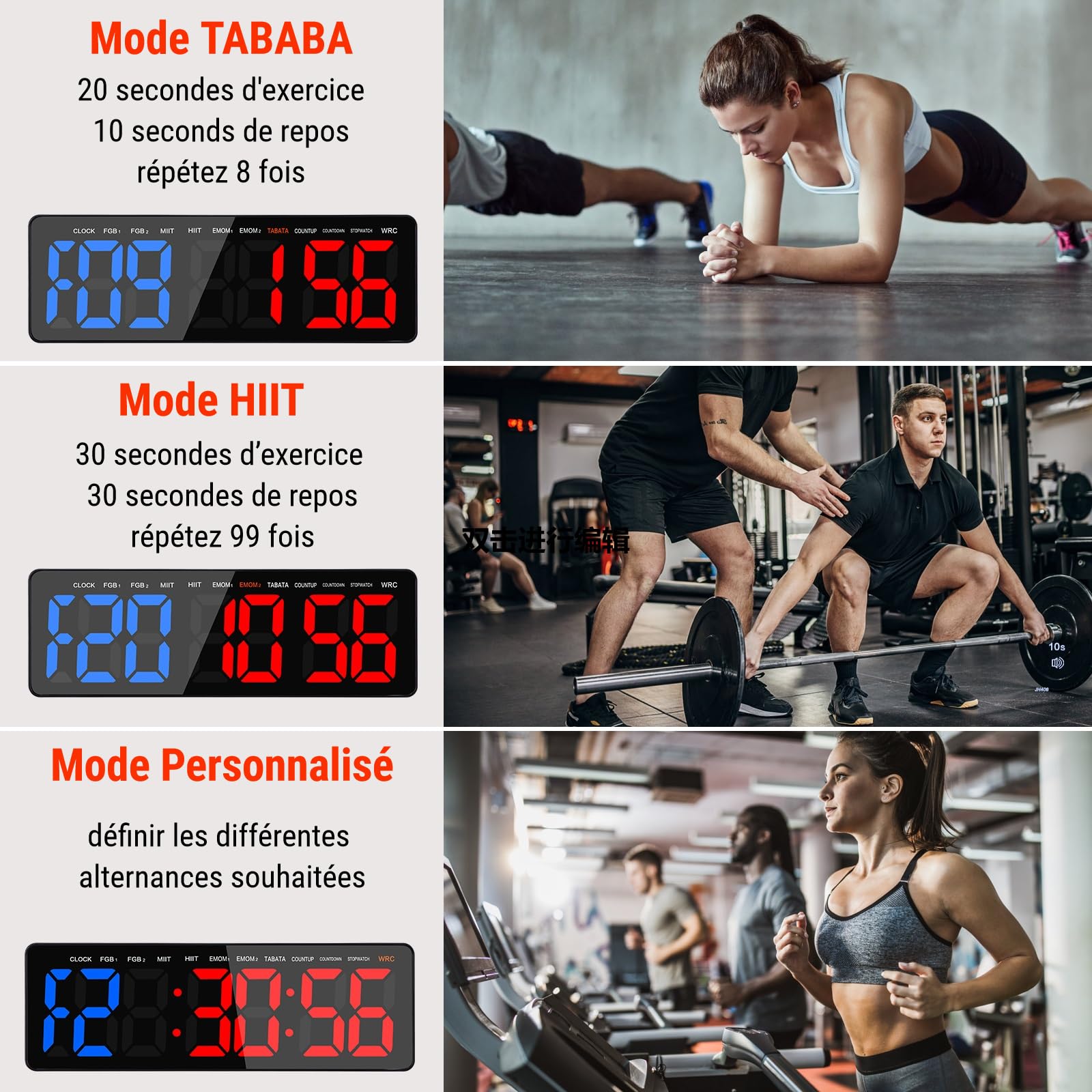 Timer Sport Fitness Grande Ecran Minuteur Mural Télécommande pour Intervalles Boxe Tabata EMOM HIIT