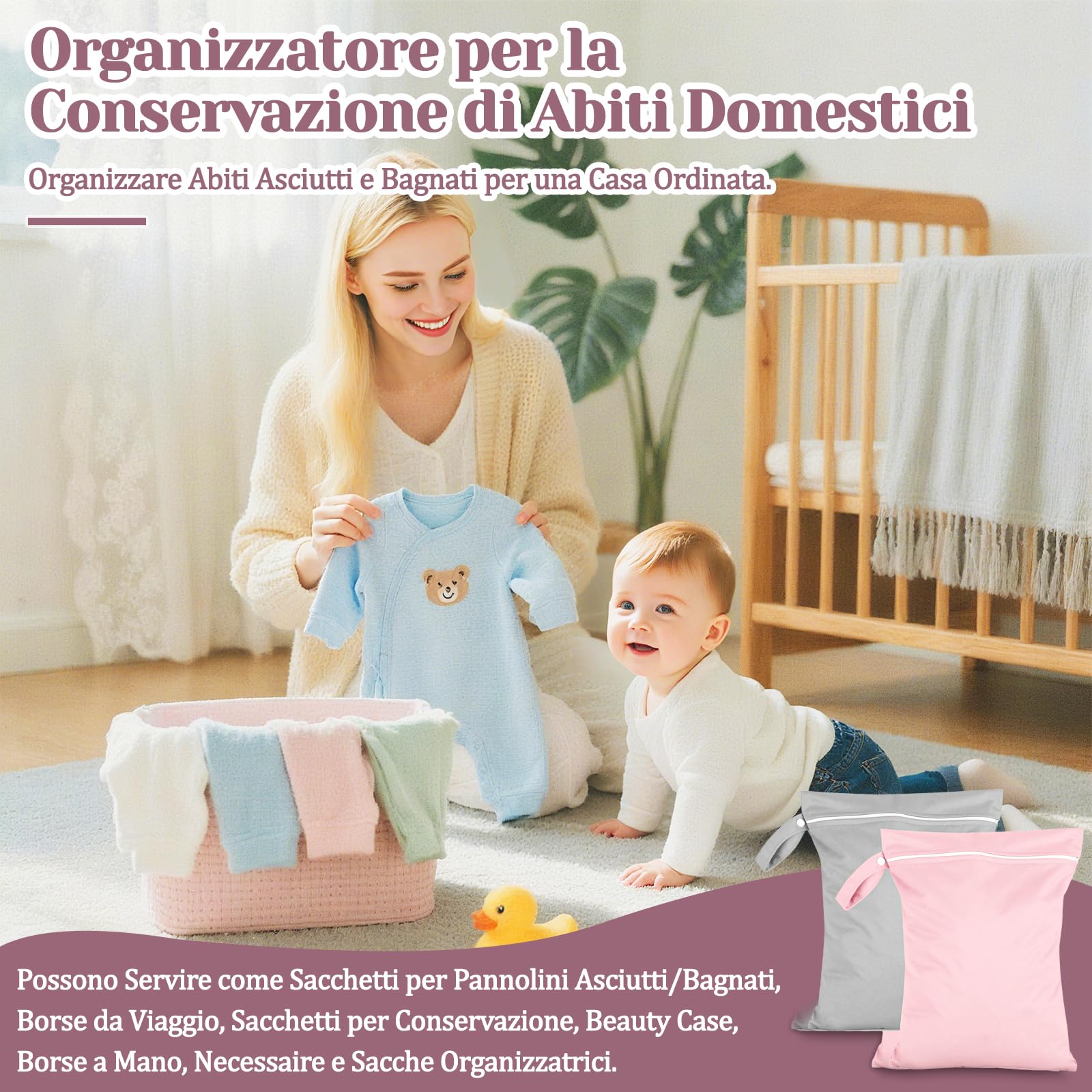 Sacca Impermeabile Wet Bag 40x30 cm Porta Pannolini Salviette Zip Manico Riutilizzabile Pieghevole 2 Pezzi