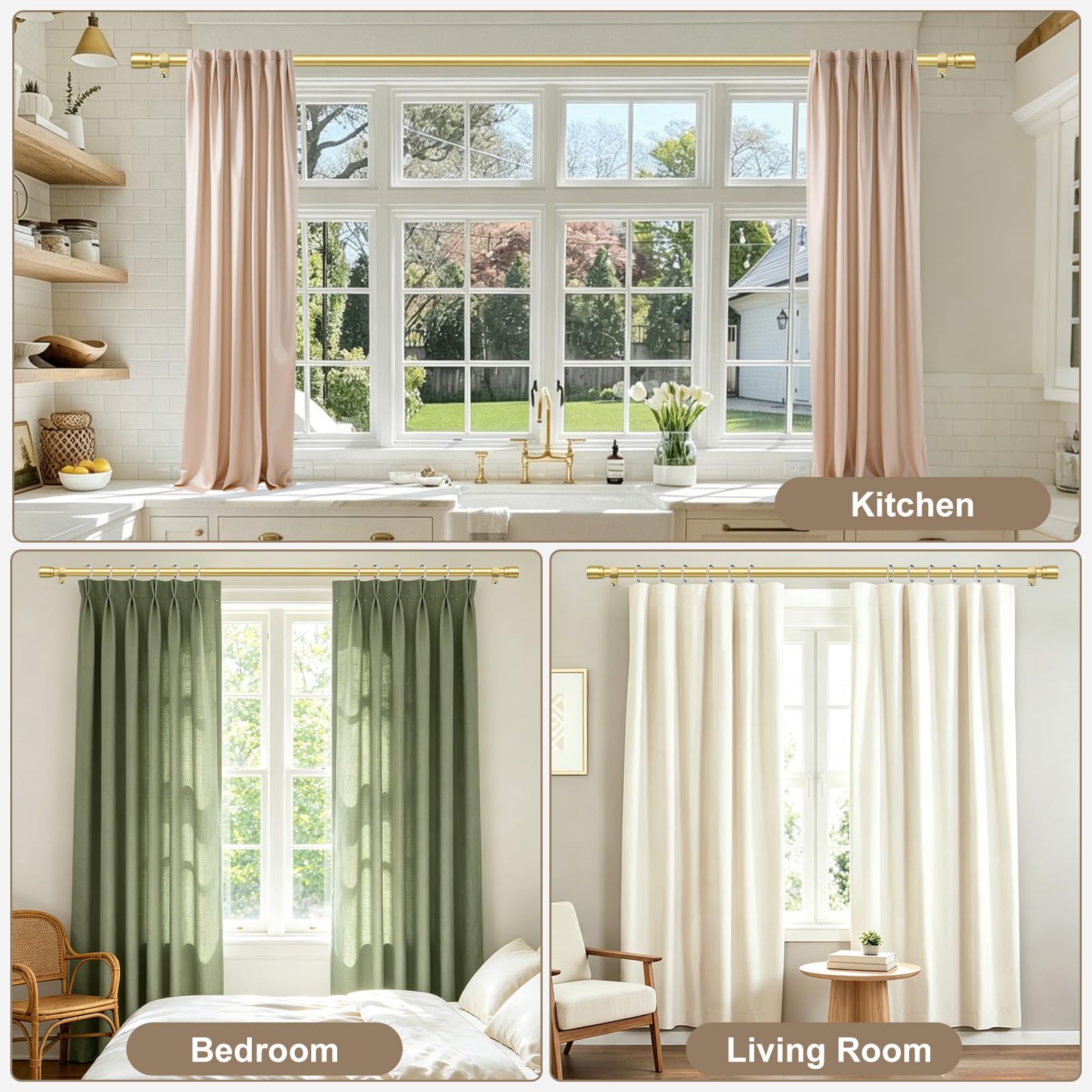 Lot De 2 Tringle Rideau Extensible Dorée 80-218cm, 25 mm Métal Barre Rideau | Métallique robuste, montage mural, charge max 15 kg, supports et accessoires inclus, chambre & salon, facile à poser