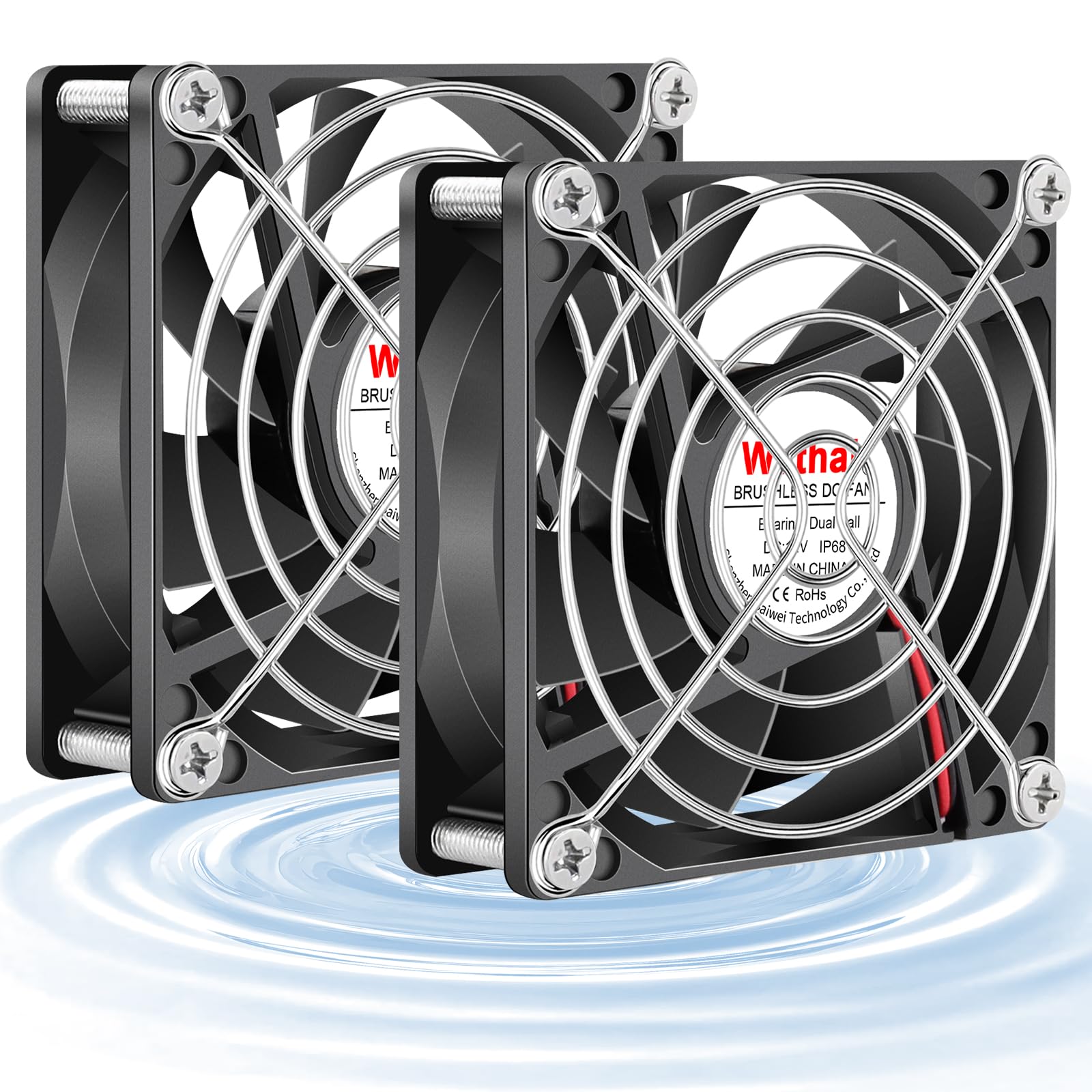 Wathai 2PCS IP68 80mm x 25mm 12V Waterproof Cooling Fan High Airflow Dual Ball DC 12v Exhaust Fan 2Pin for DIY RV Fridge Refrigerator Solar Battery