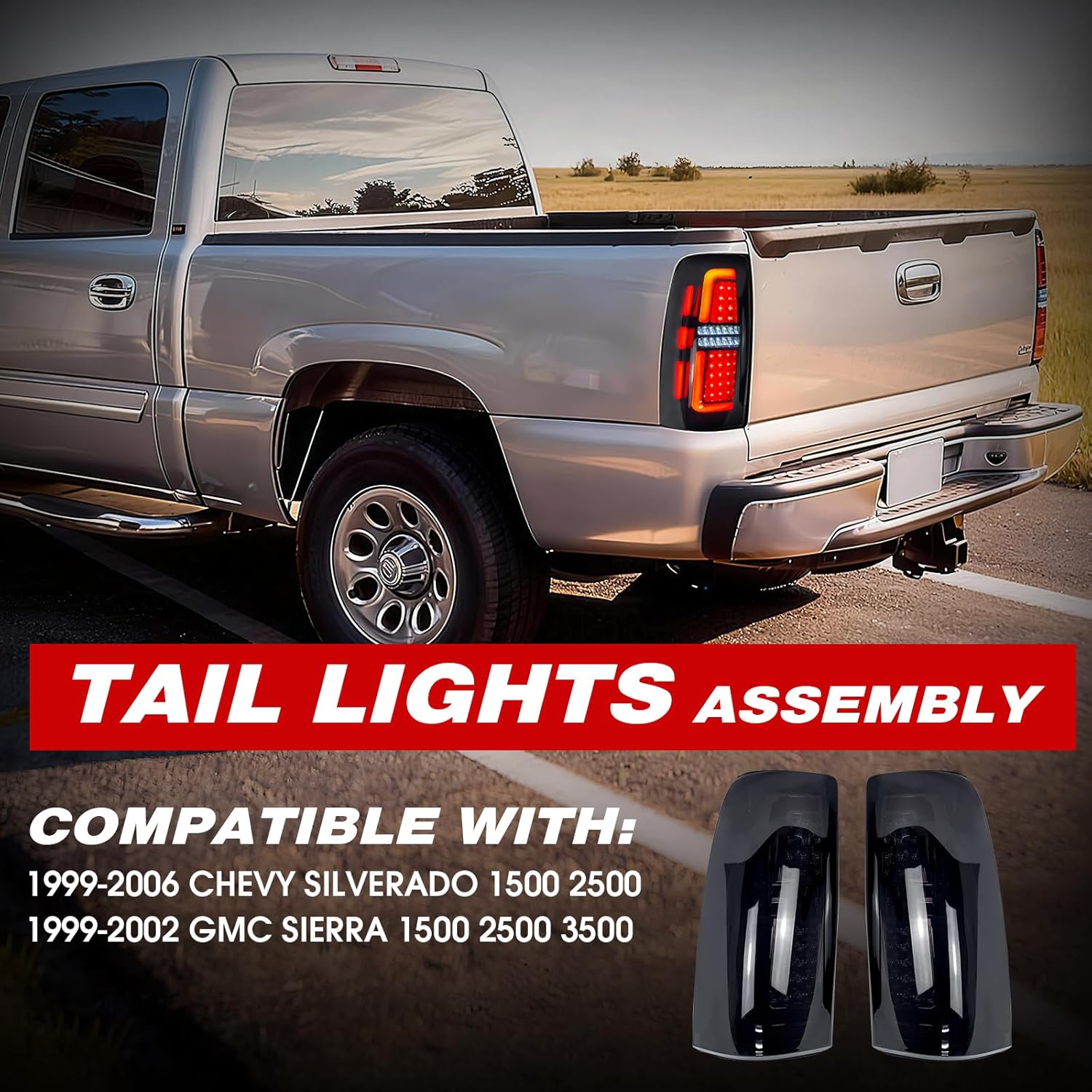 DOT Approved Smoked LED Tail Light Assembly Compatible with 1999-2006 Chevy Silverado 1500 2500 and 1999-2002 GMC Sierra 1500 2500 3500