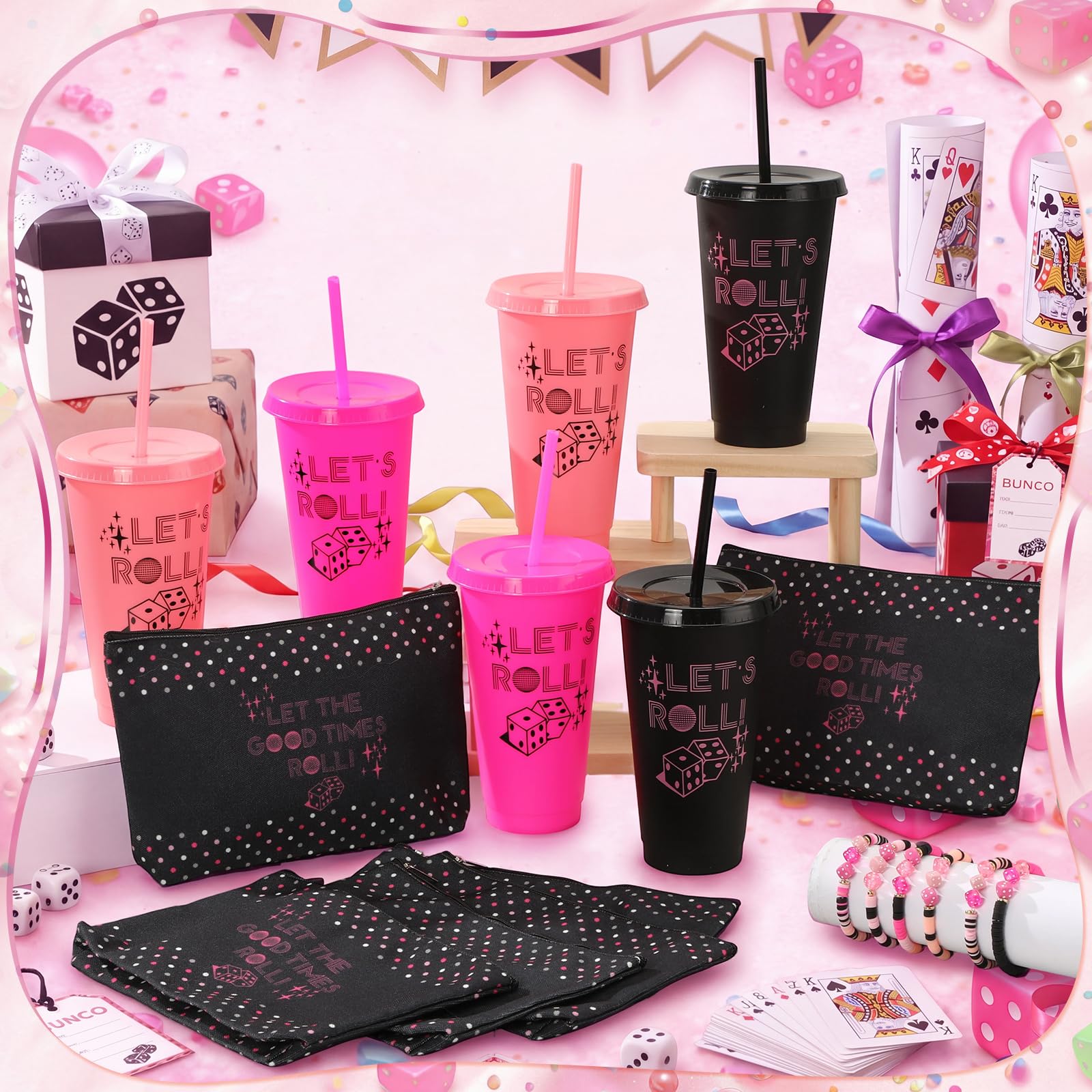 Remerry 24 Pcs Bunco Party Favors Let's Roll Plastic Cups with Lids and Straws Bunco Cosmetic Bags Dice Bracelets and Pink Gift Bags Casino Decoration for Guests Prize Bachelorette Birthday Wedding