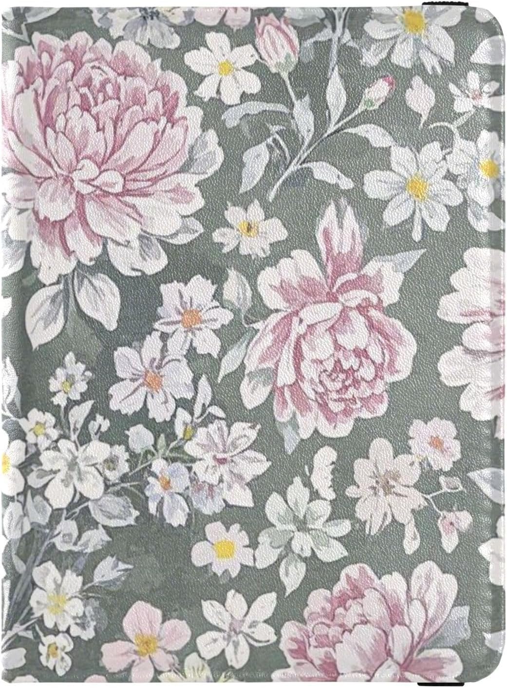 Vintage Chinese Floral Peony Grey Peach Leather decorative Passport Card Holder Cover Combo Travel Documents Organizer Protector Document Organizer Holder Accessories Lightweight