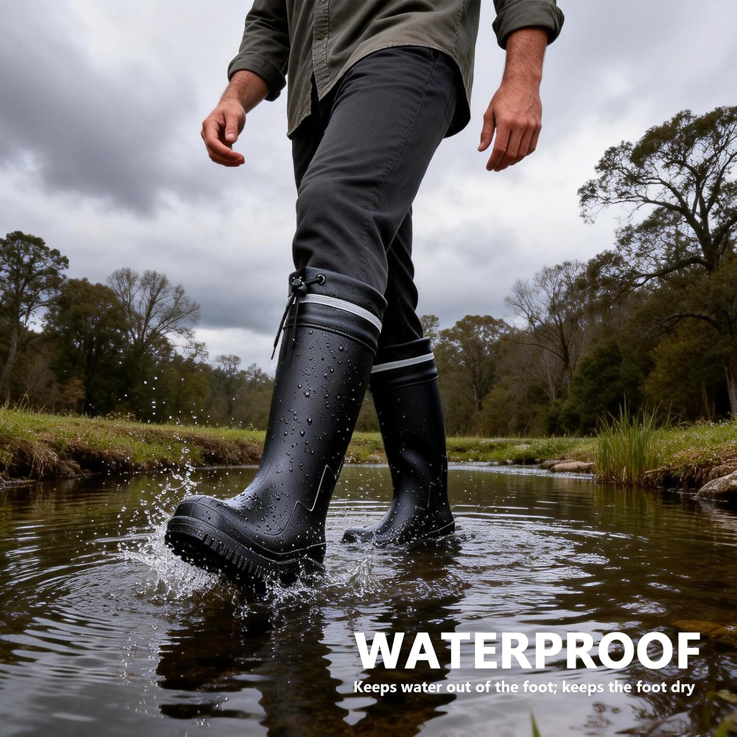Ovyuzhen Rain Boots for Men Knee High Waterproof Garden Boots Mens Rubber Shoes with PVC Comfort Lightweight Work Mud Boots Resistant Durable Slip for Gardening Fishing Farming - Image 2