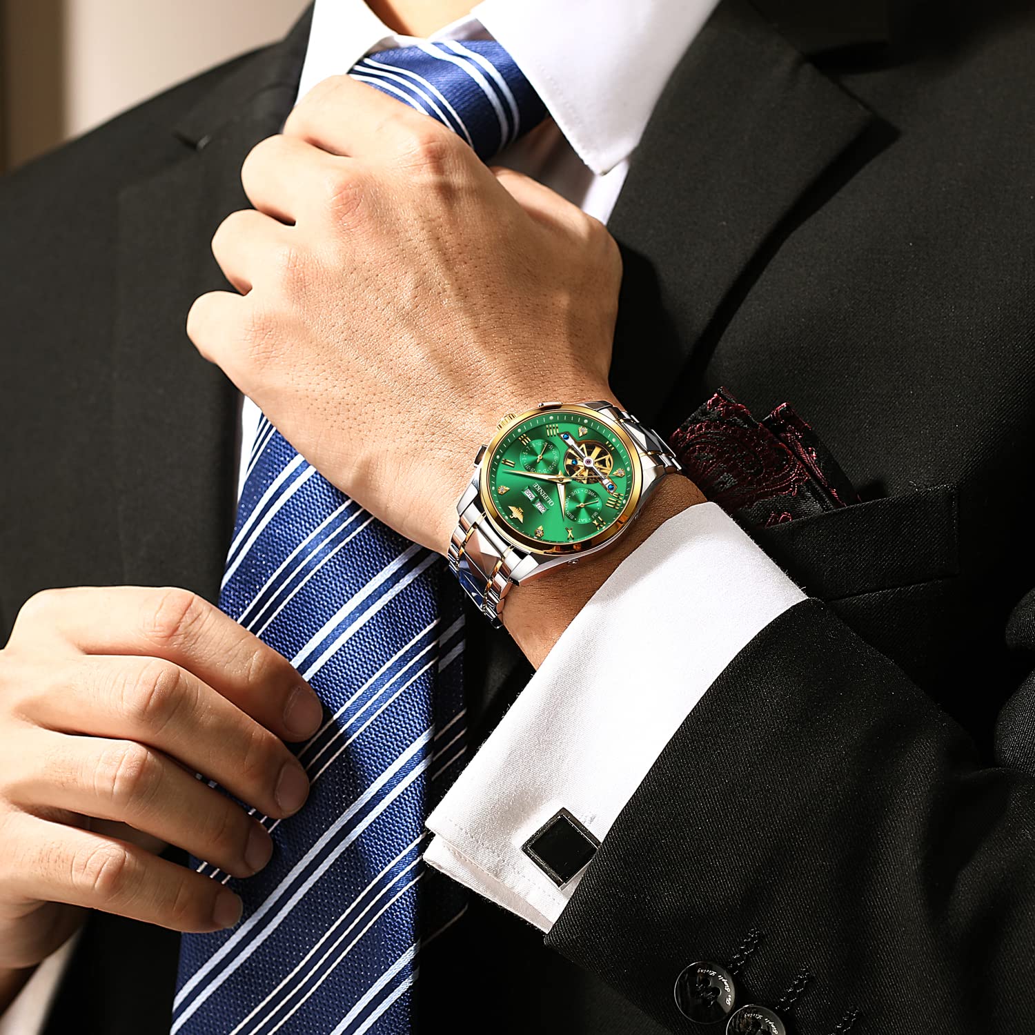OUPINKE Herrenuhren Automatik Mechanisch Selbstaufzug Skelett Luxus Saphirkristall Diamant Wolframstahl Wasserdicht Business Kleid Uhren Geschenke