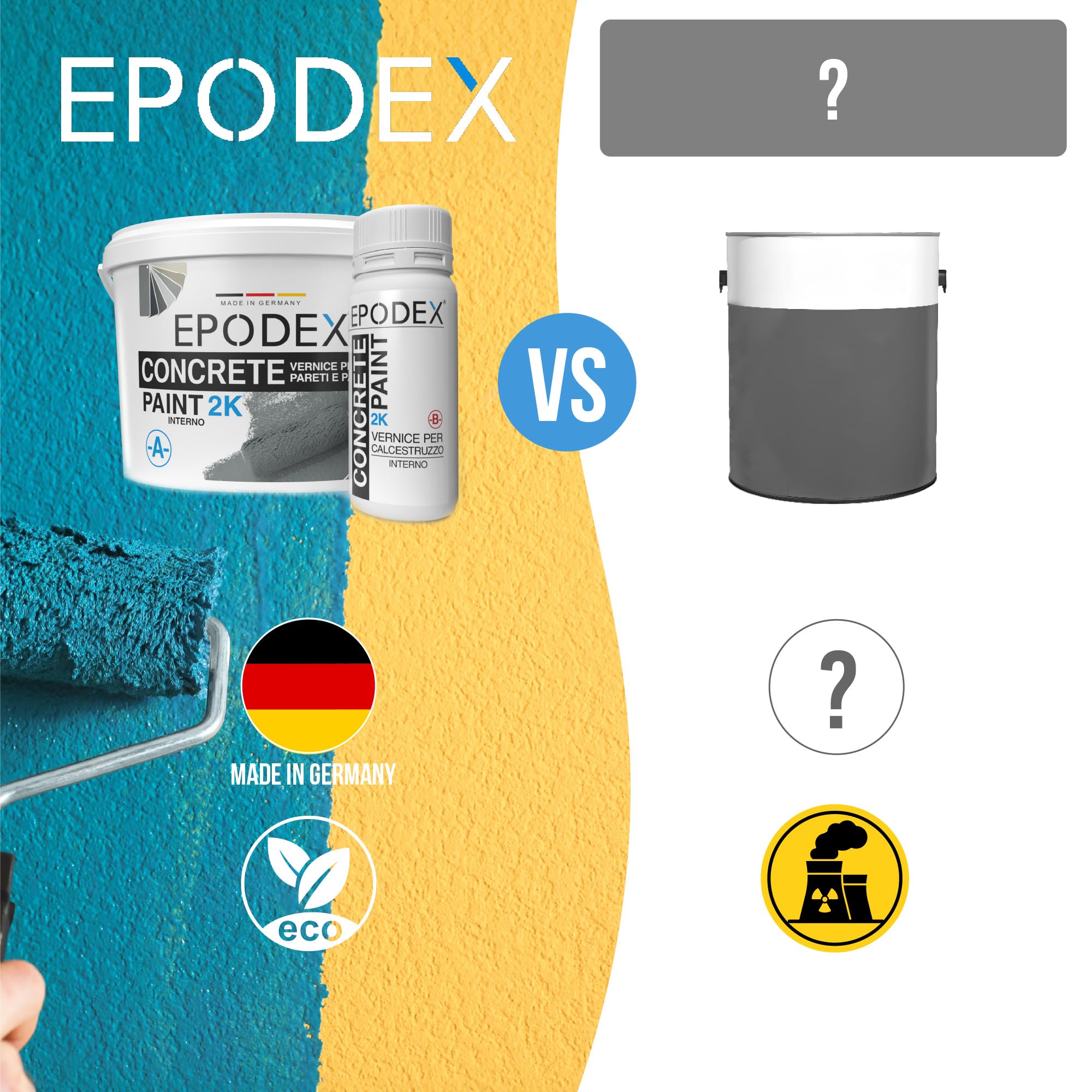 EPODEX 2K Vernice per calcestruzzo, Vernice per pavimenti interni in cemento, pavimento garage, cantina, officina, impermeabile, 1,8kg - 4,5m² per 2 mani - Industry