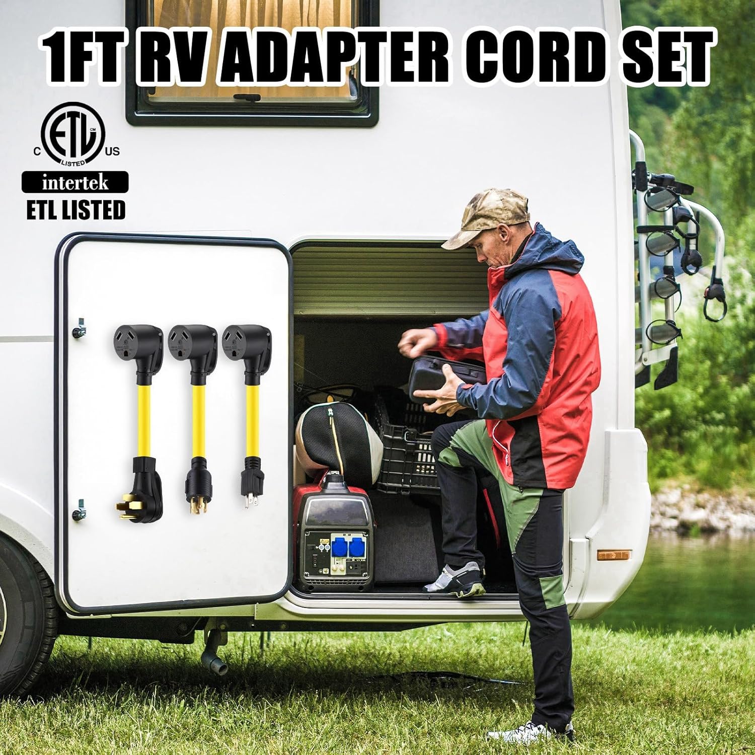 Kanayu 3 Pcs RV Generator Adapter Cord Kit, 14-50P/5-15P/L14-30P to TT-30R, 50A to 30A, 30A to 110V, 30Amp Plug Adapter for Camper Trailer Generator to RV Charging, STW 10 AWG, ETL Listed