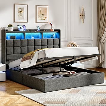 Driftalia Lift Up King Size Bed Frame with Storage, Upholstered King Bed Frame with Charging Station and LED Lights Headboard, No Box Spring Needed, Easy Assembly - Dark Grey