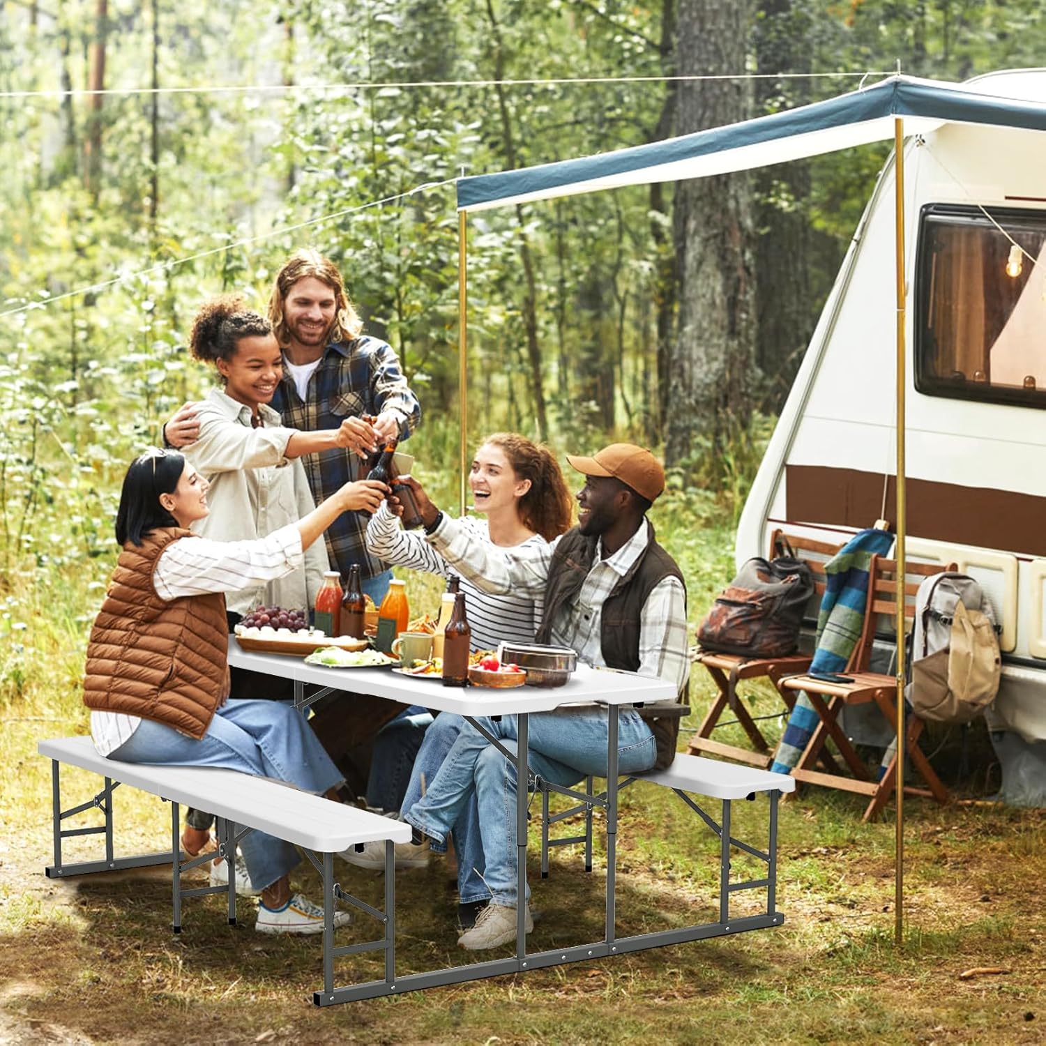 VINGLI Folding Picnic Table and Bench Set, Portable Outdoor Dining Furniture for Camping, Patio, Backyard, Wood Grain Plastic Top with Metal Frame (White)