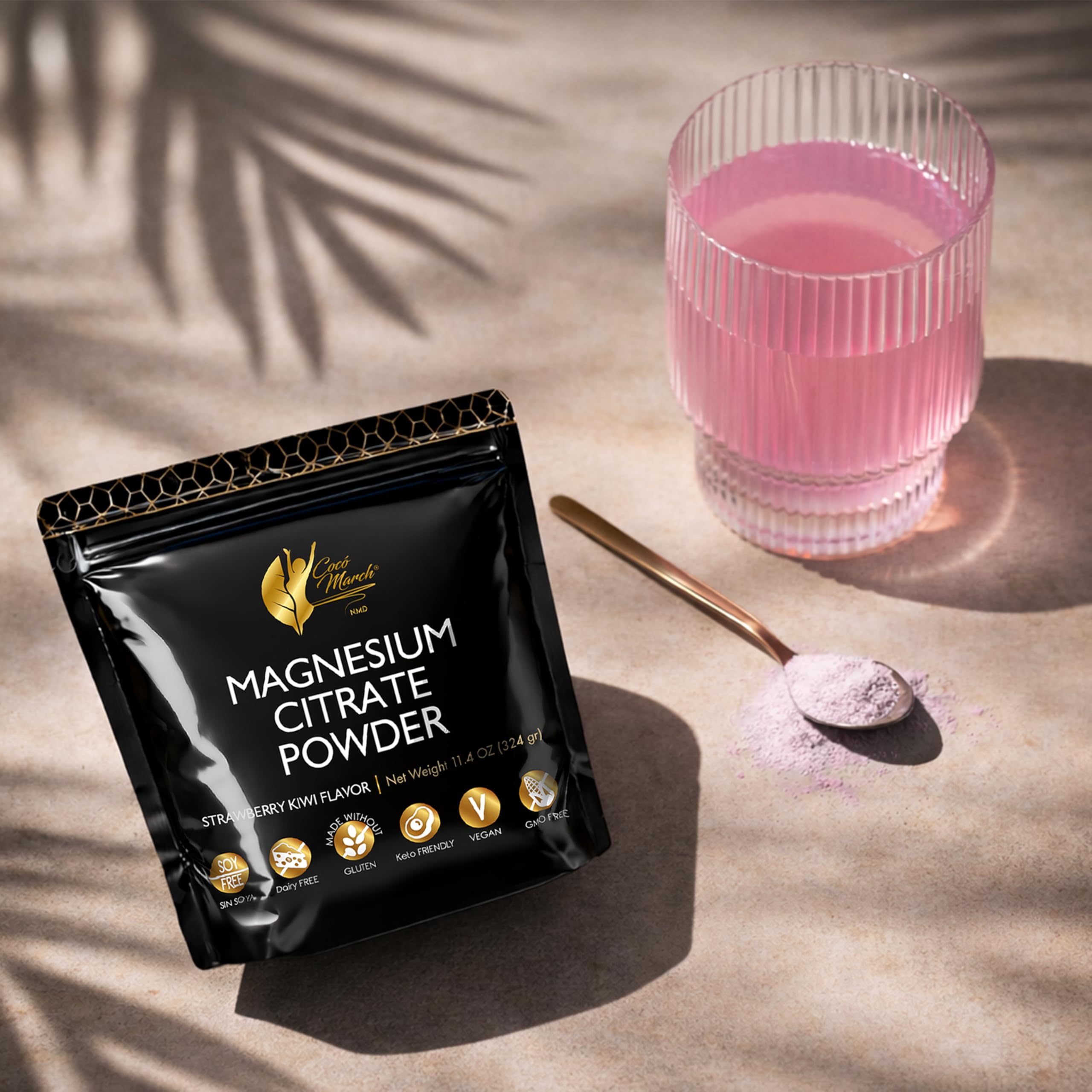 Cocó March N.M.D Polvo de Magnesio Rosa – Favorece el sueño reparador, la relajación y la función cerebral – Suplemento vegano sabor fresa, apto para dieta keto – 45 raciones