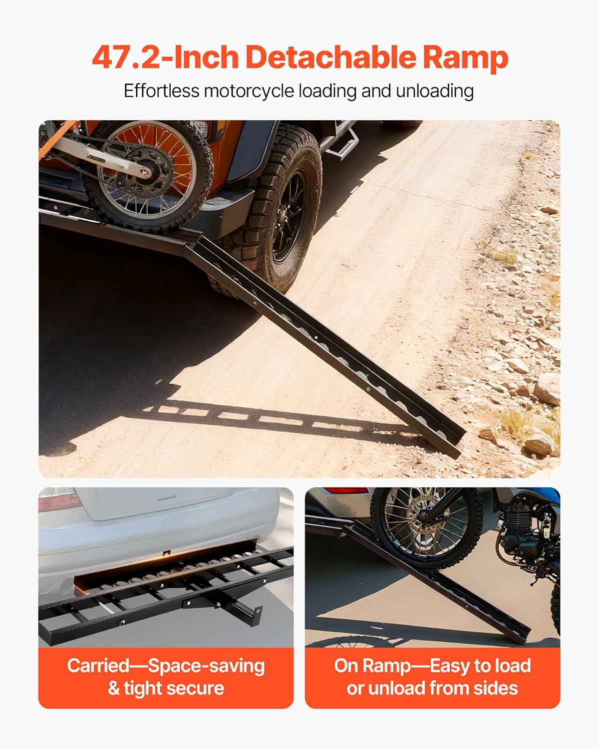 VEVOR Motorcycle Carrier, 500 lbs Capacity, Heavy Duty Steel Hitch Mount Rack with 47in Ramp, Ratchet Straps & Stabilizer, Scooter Dirt Bike Trailer Hauler for Car Truck with 2-Inch Hitch Receiver
