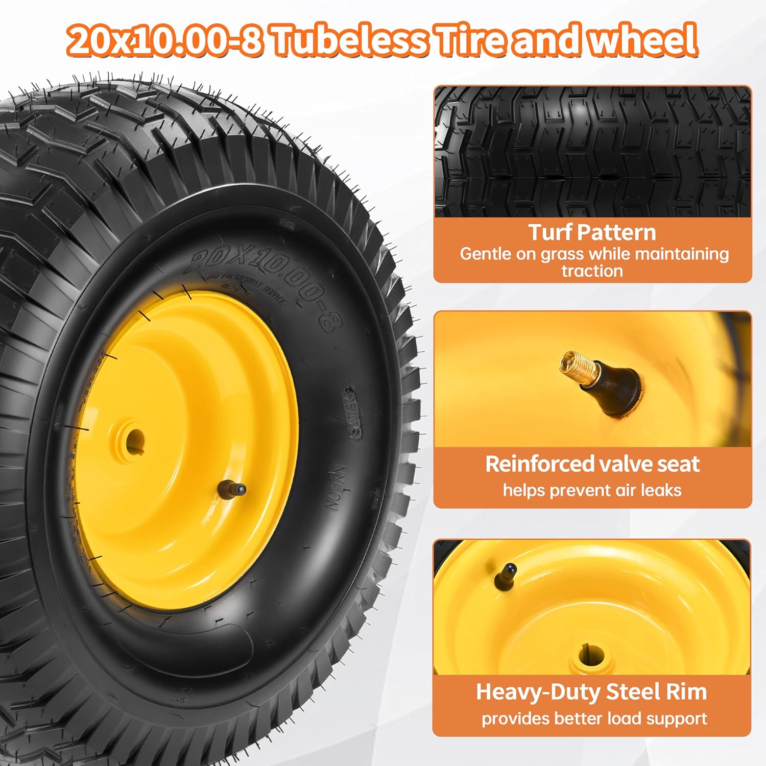 2 PCS 20x10.00-8 Tubeless Lawn Mower Tire and Wheel, 3/4" Borehole, 3/16" Keyway, 3.5" Offset Hub, 10" wide tires, 4 Ply, Replacement for 20x10-8 Tire Riding Lawn Mower Tractor Rear Tire and Wheel