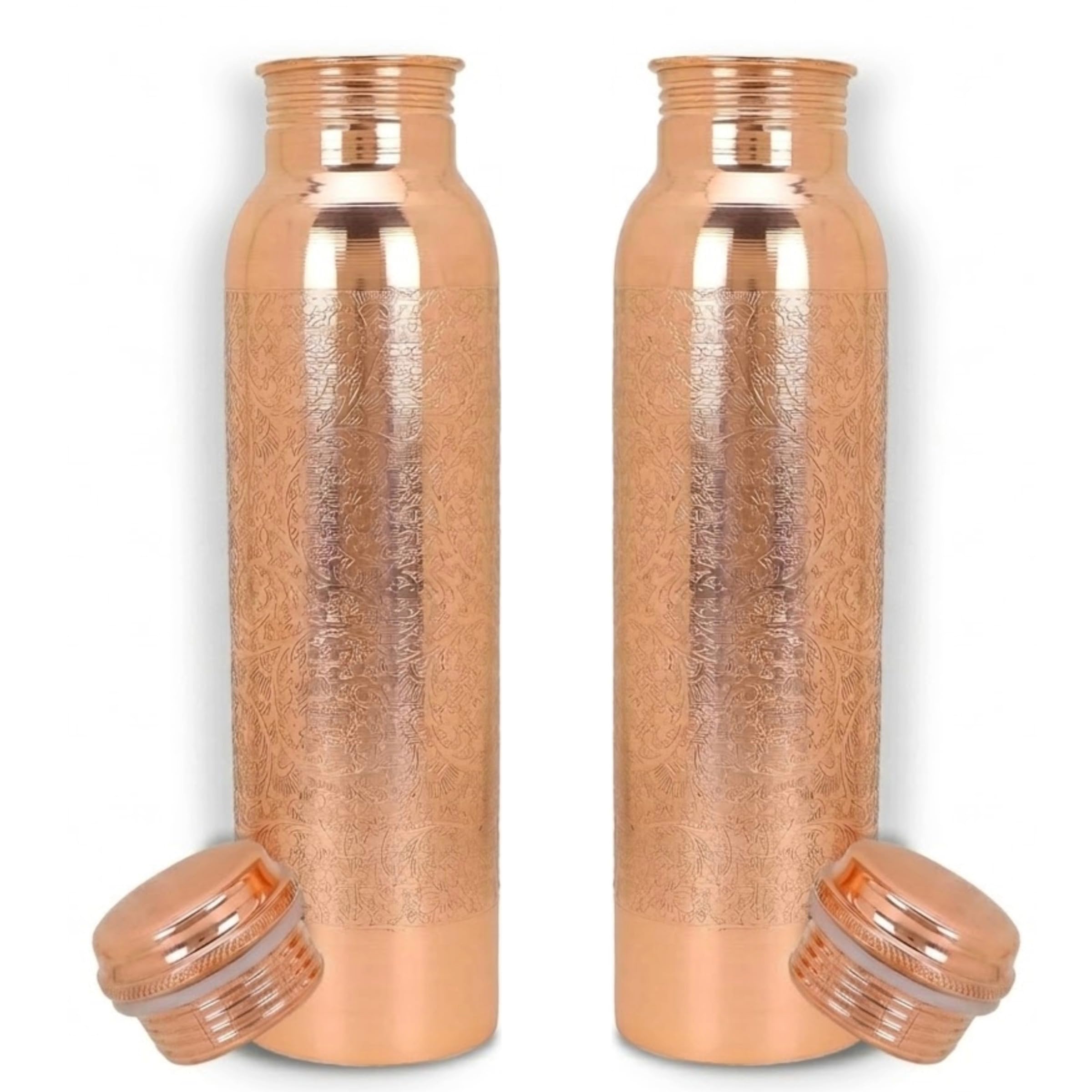 Juego de 2 botellas de cobre puro con estampado floral con bolsa de transporte para agua potable, sin BPA, a prueba de fugas, aumenta la inmunidad, apoya la salud digestiva y