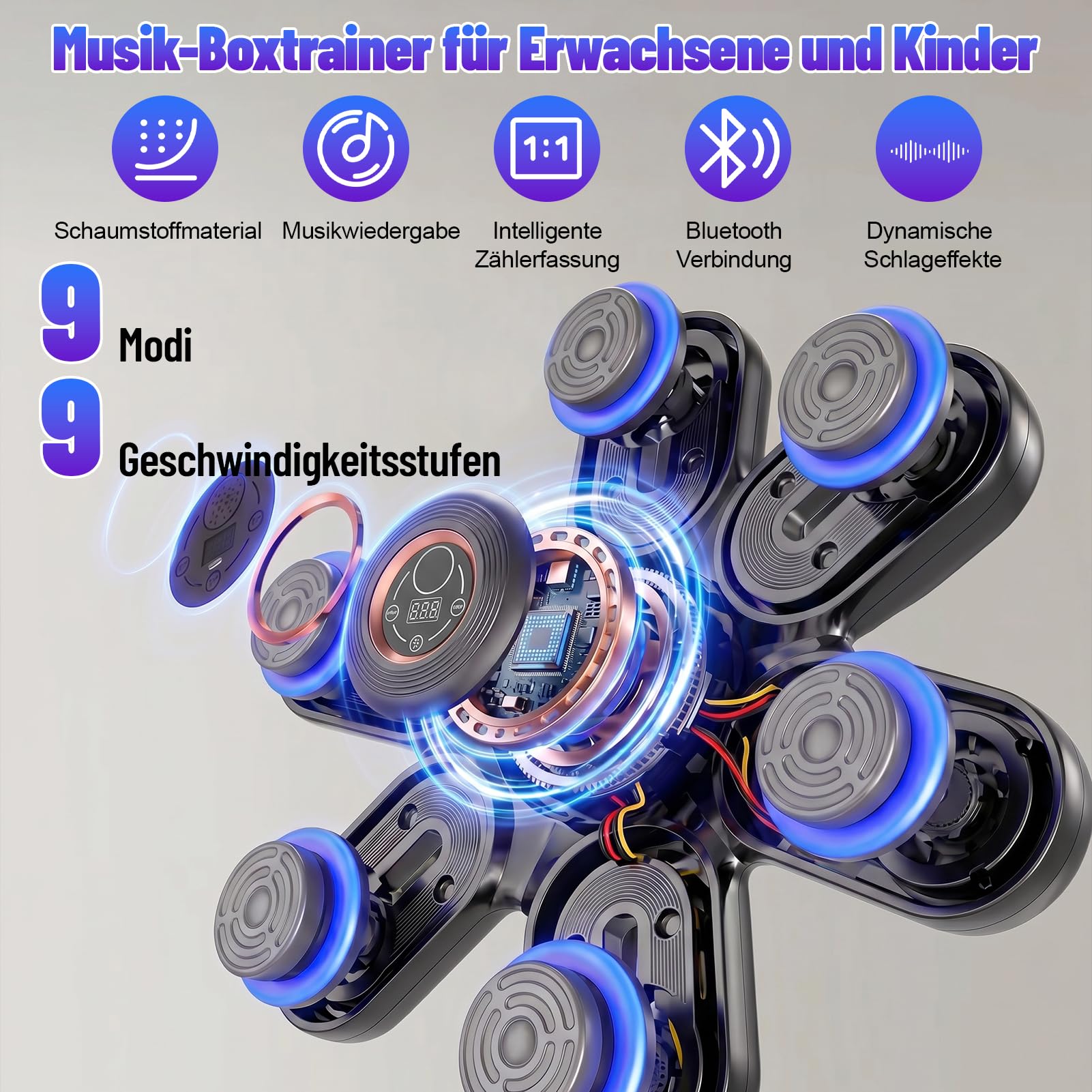 Music Boxing Machine für Erwachsene/Kinder, Elektronische Bluetooth Boxmaschine mit Musik, Musical Boxing Machine mit Boxhandschuhe, 11 Einstellbare Geschwindigkeiten und Zählmodus