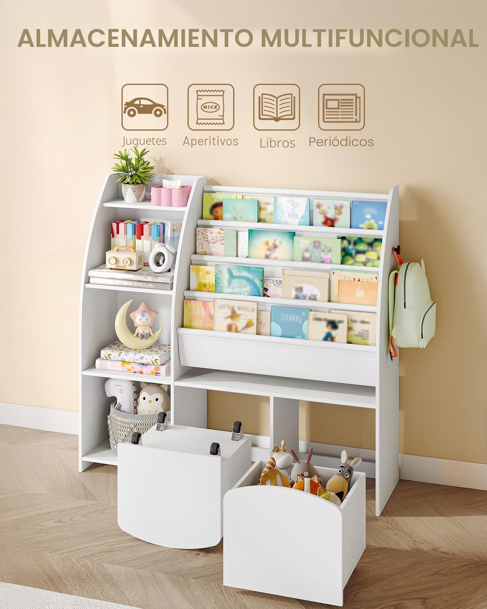 Hzuaneri 105cm estanteria Infantil con Revistero, 2 Columnas y 4 Baldas, Organizador de Juguetes, Almacenamiento con Caja, 30 x 105 x 100 cm, Blanco KB12003W