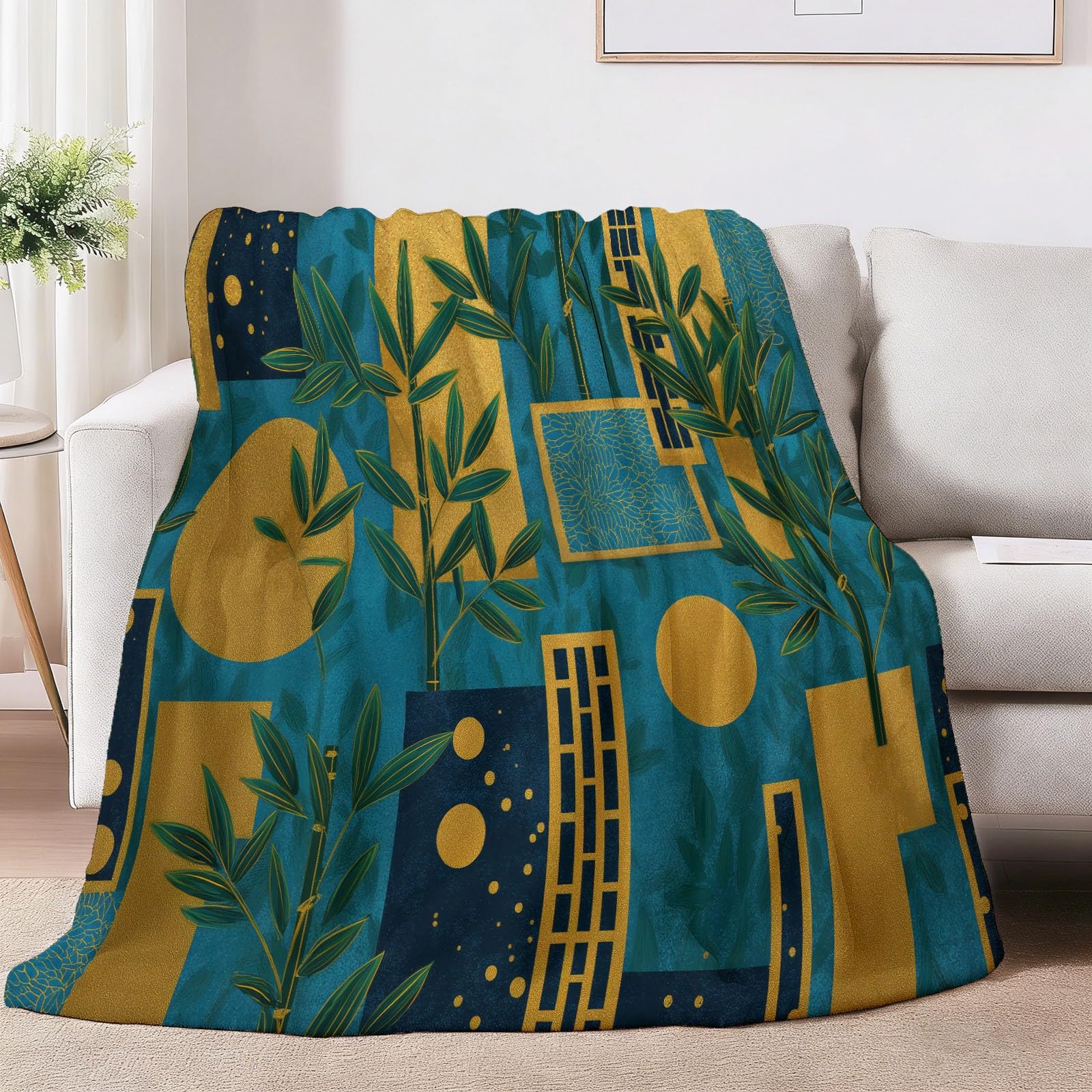 Koc flanelowy z nadrukiem w stylu vintage rośliny geometryczne liście bambusa, niebieski żółty miękki i ciepły - sofa rozkładana sypialnia, idealny prezent na wszystkie pory roku - 150 × 200 cm