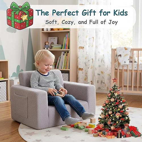 Miniatura 9 de Tiita Sofá para niños, sofá infantil 2 en 1, sofá convertible para niños, sofá convertible para niños, sofá plegable para niños o niñas (gris)