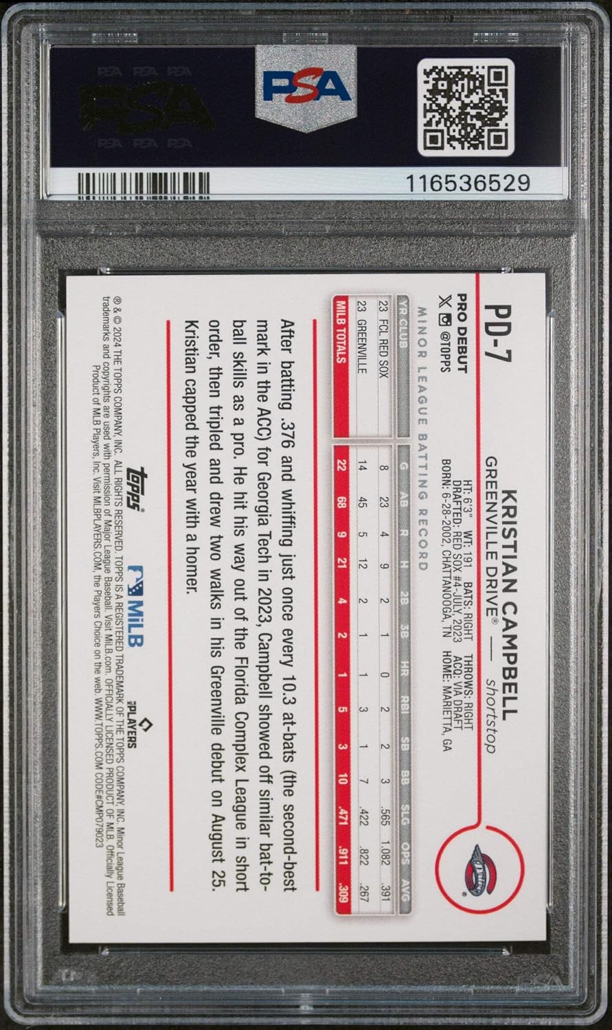 Graded 2024 Topps Pro Debut Kristian Campbell #PD7 Rookie RC Baseball Card PSA 10 Gem Mint